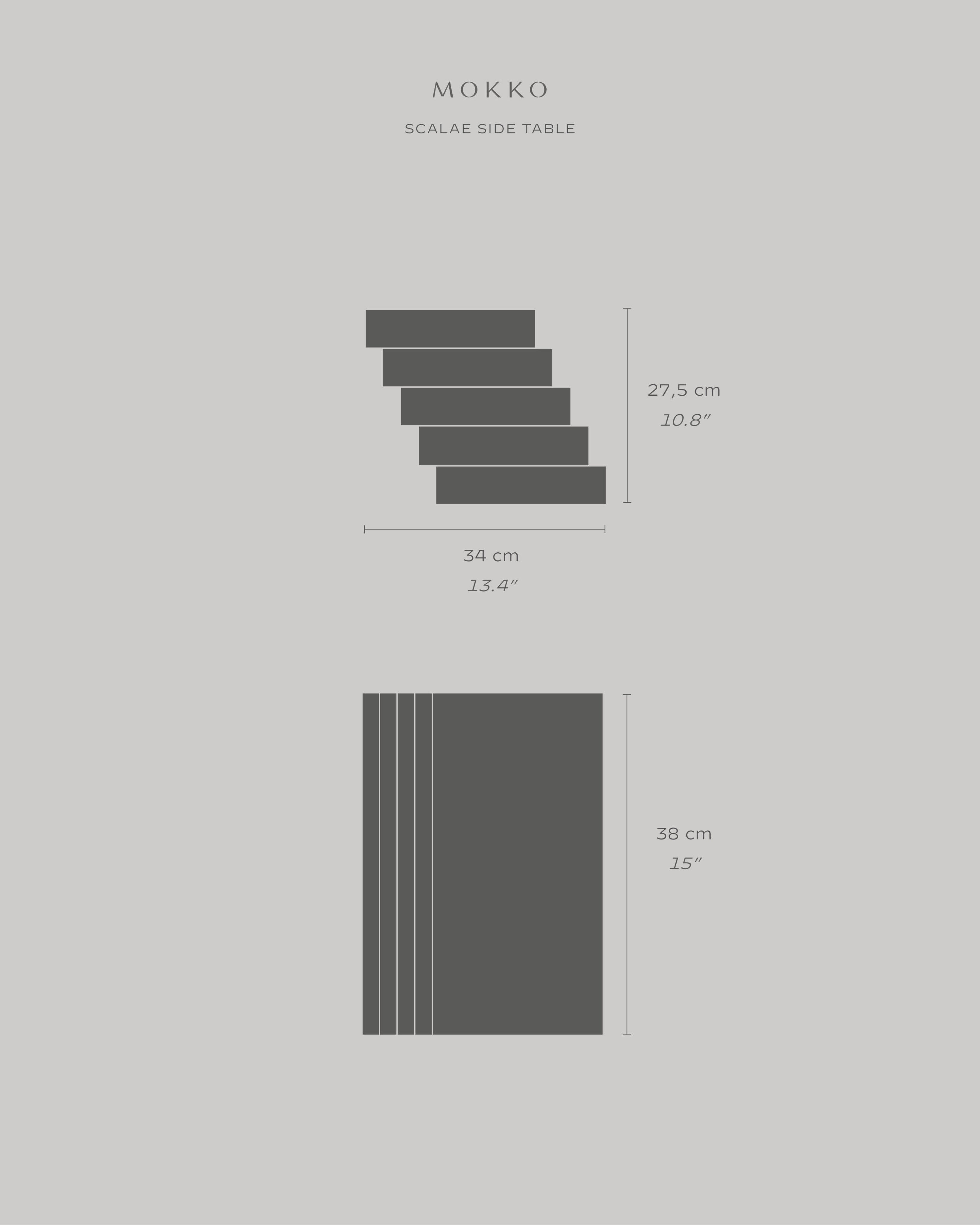 Scalae Side Table — dimensions illustration with wood texture detail