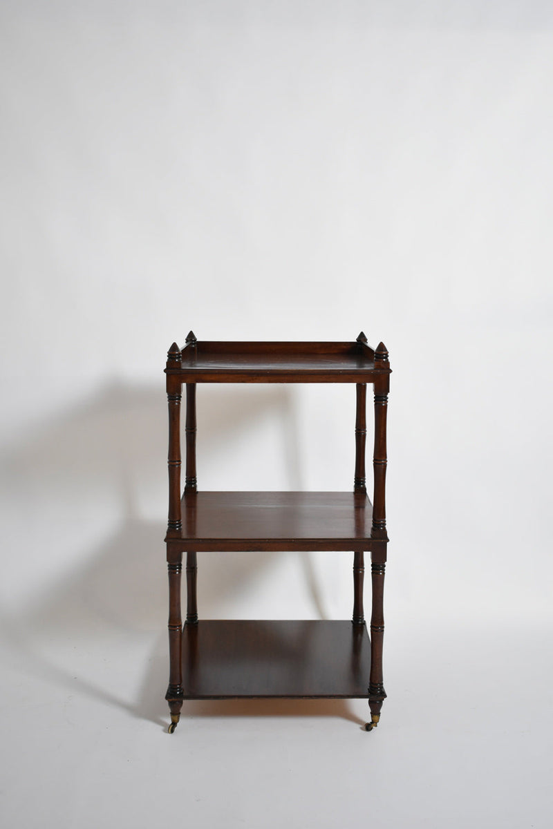 Faux Bamboo Bookshelves Pedestal Table, 1960s — close-up of wooden shelves and legs