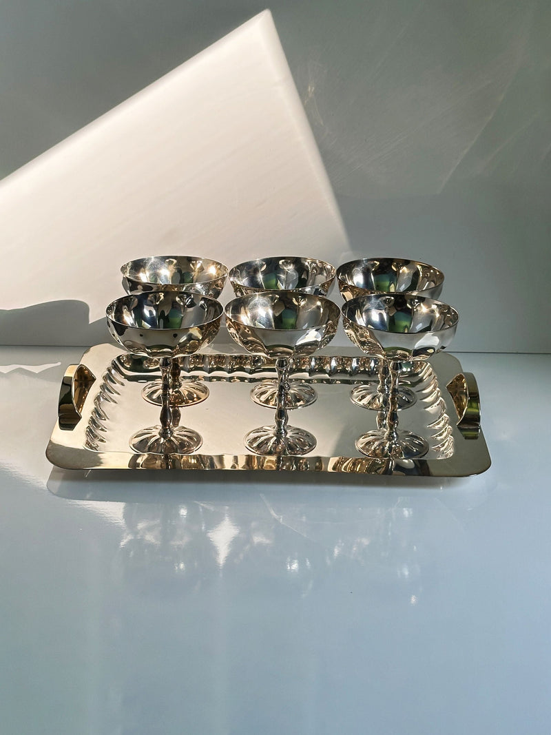Set of six silver-plated Italian champagne coupes on serving tray