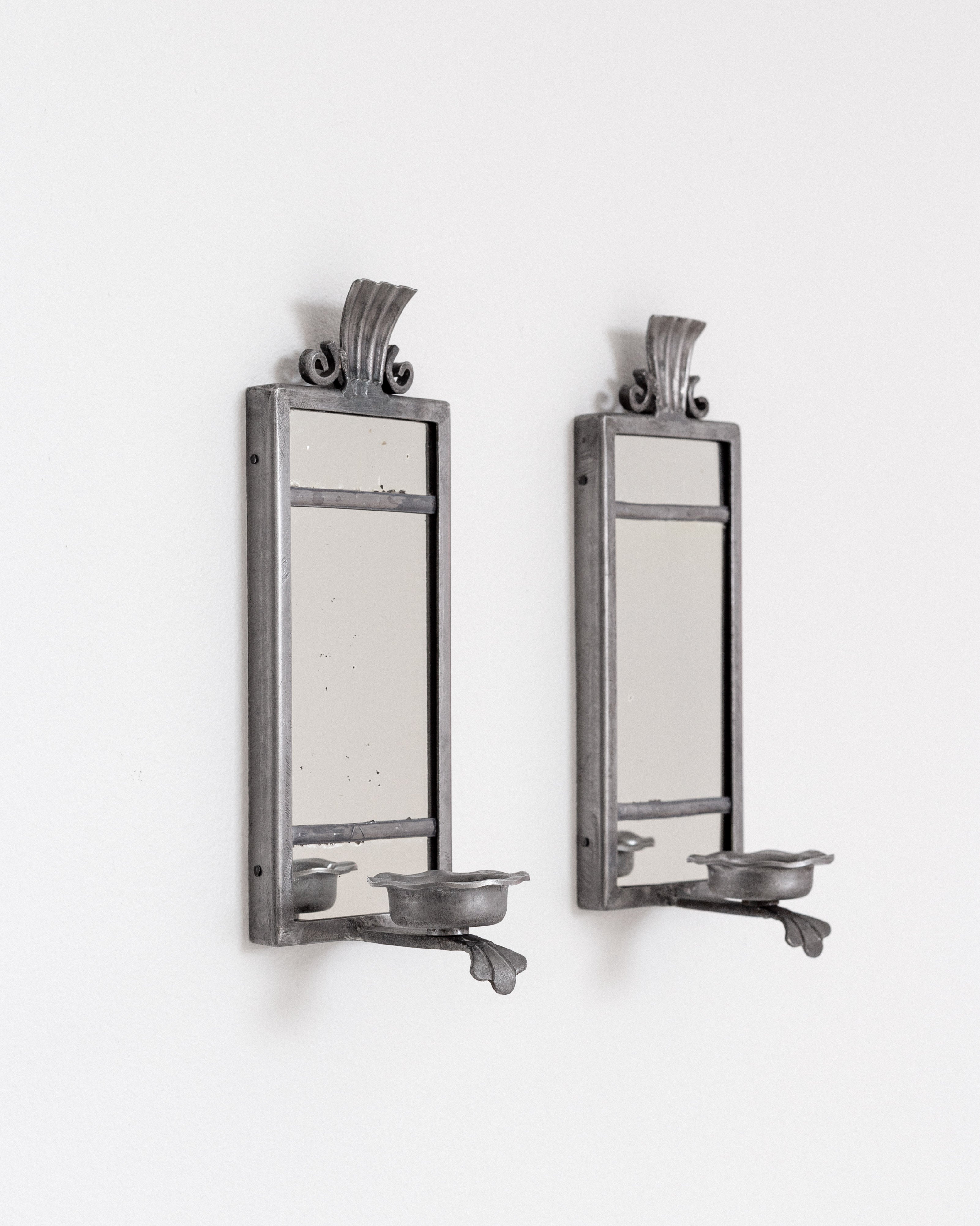 Pair of Art Deco Pewter Candle Sconces by Böhlmarks, Sweden, 1930s — side angle showing mirrored back and candle holders