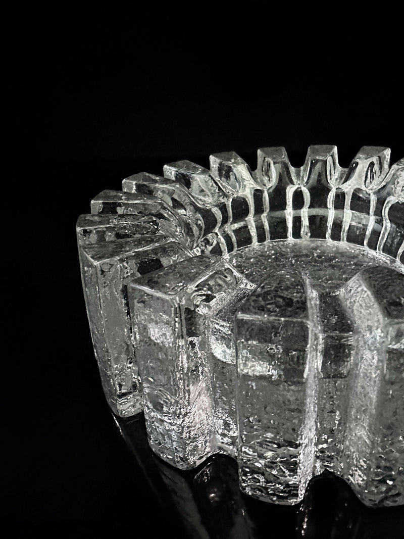 1970s Crystal Glass Brutalist Ashtray — close-up of textured crystal surface