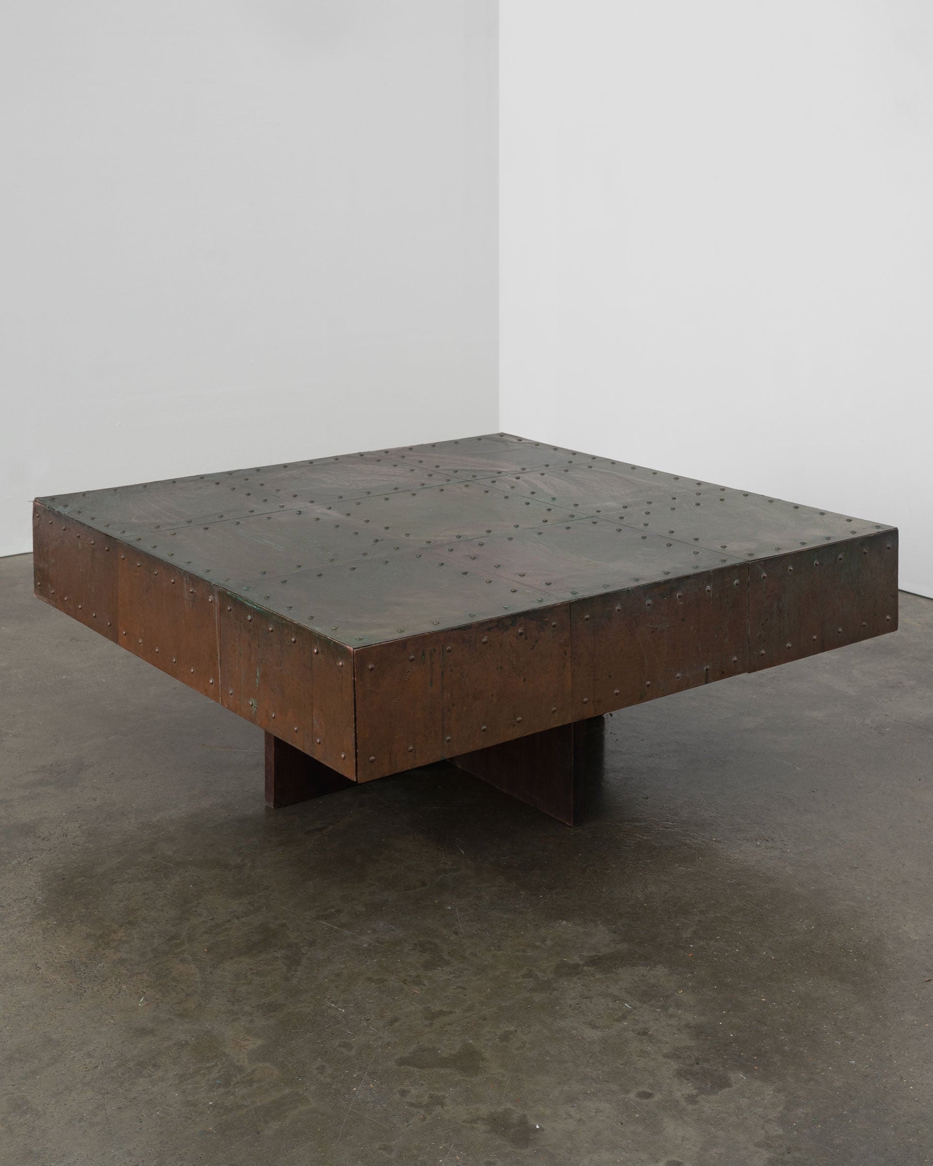 Brutalist Artisanal Copper and Mahogany Coffee Table
