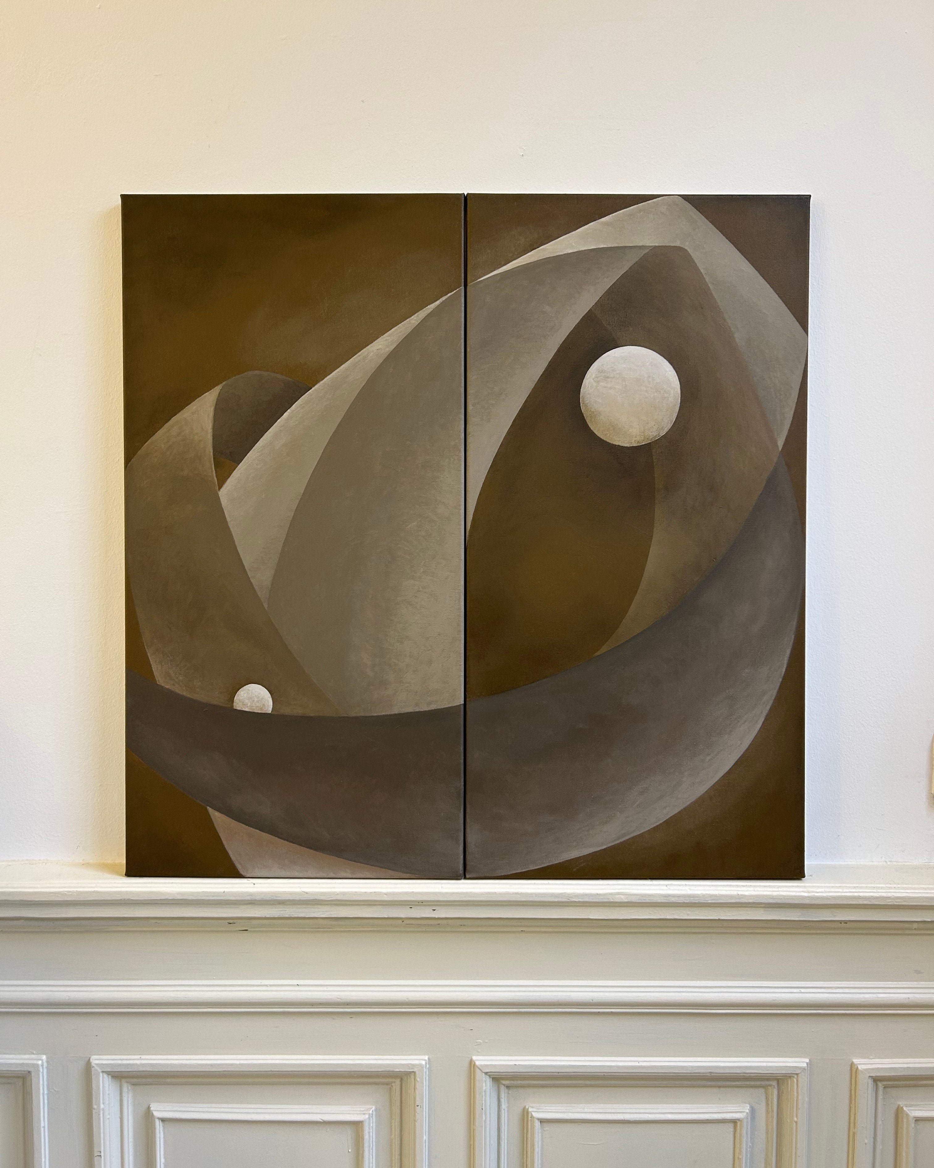 The 'You only live twice' Painting by Iris Bavelaar features two abstract brown and gray works with curved shapes and white spheres, displayed side by side on canvas and linen against a light wall on a white mantel.