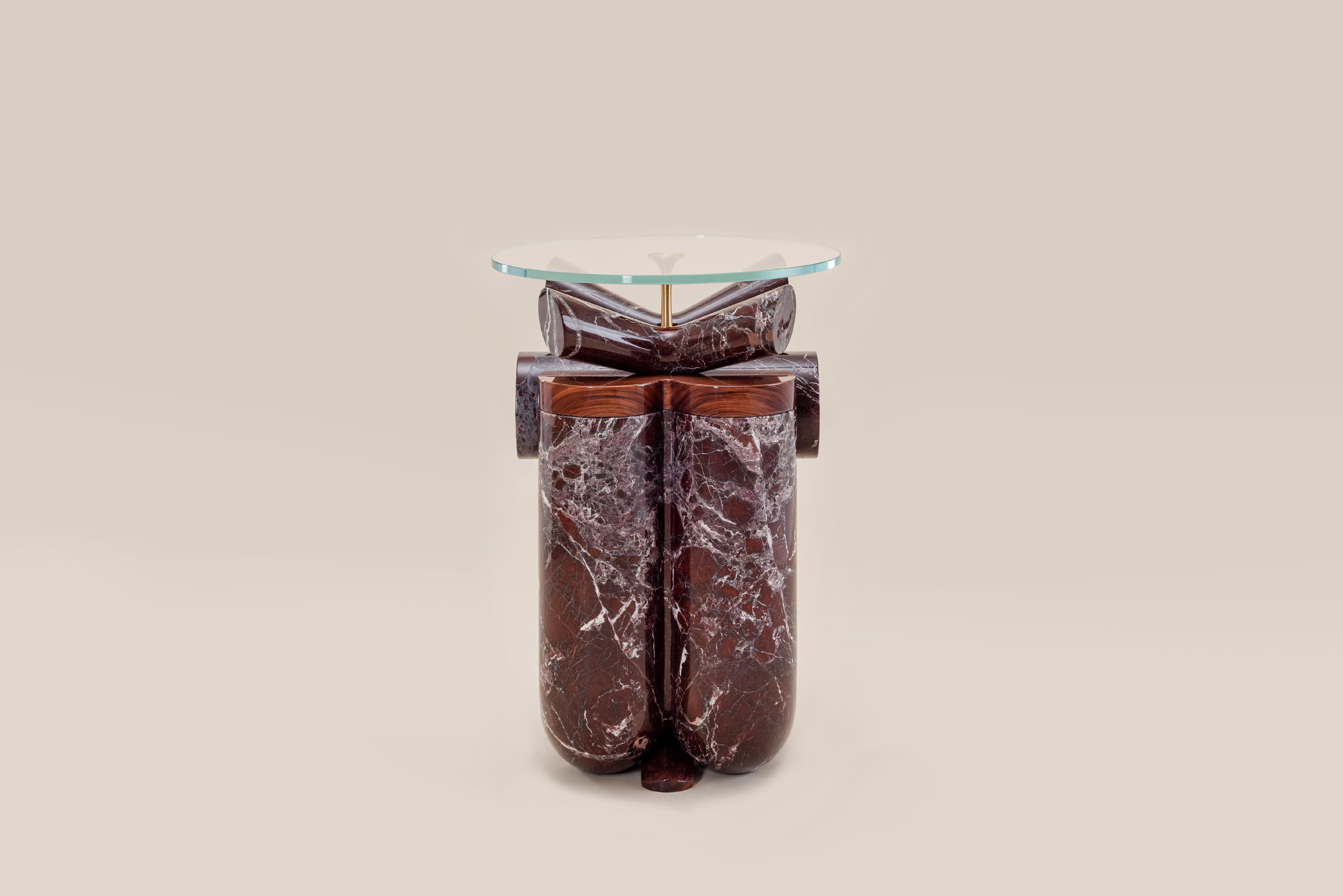 Ceti Side table — side angle showing marble base and glass top