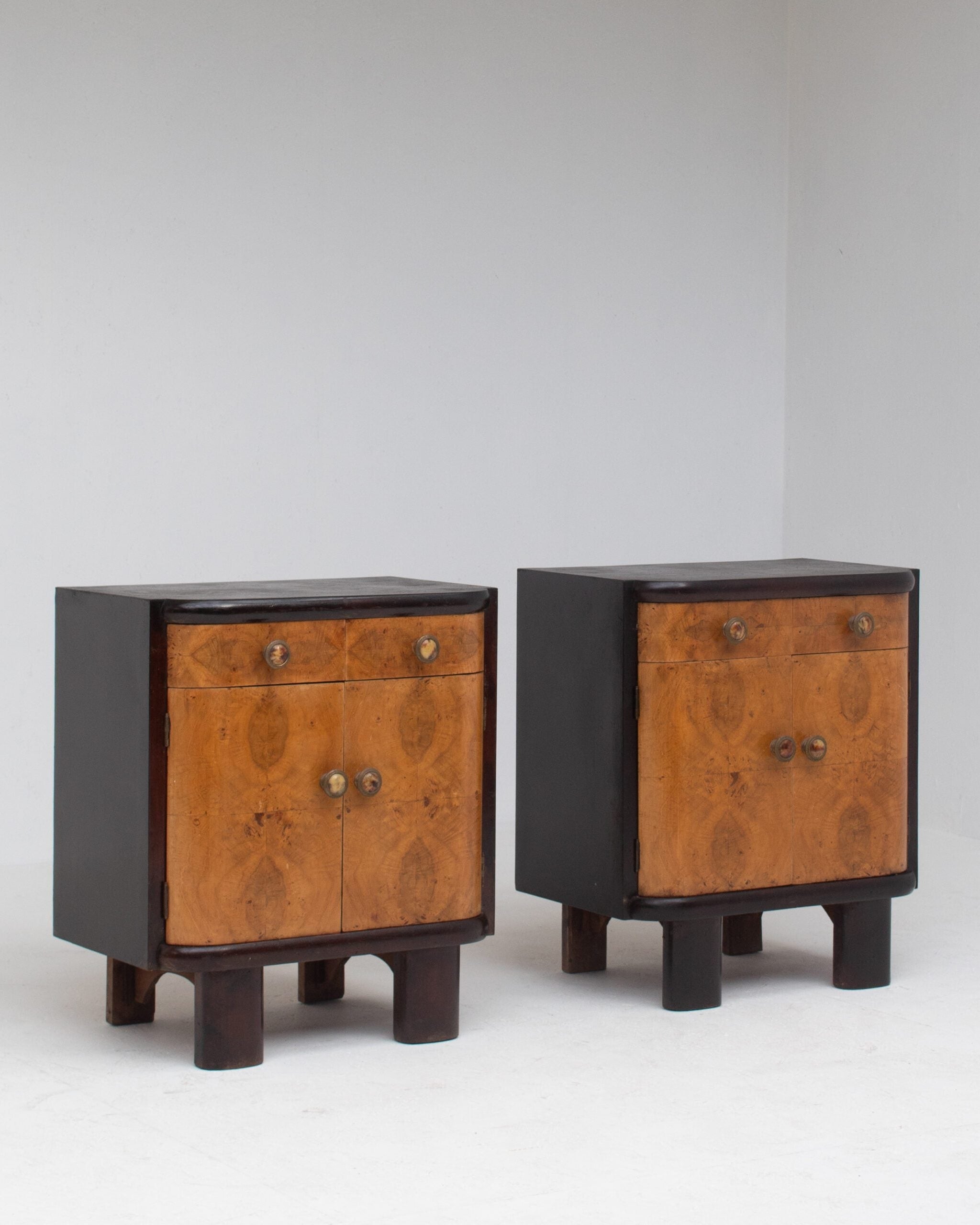 Pair of Italian Art Deco Bedside Cabinets by Malata Antwerp | The Oblist — walnut veneer, handcrafted