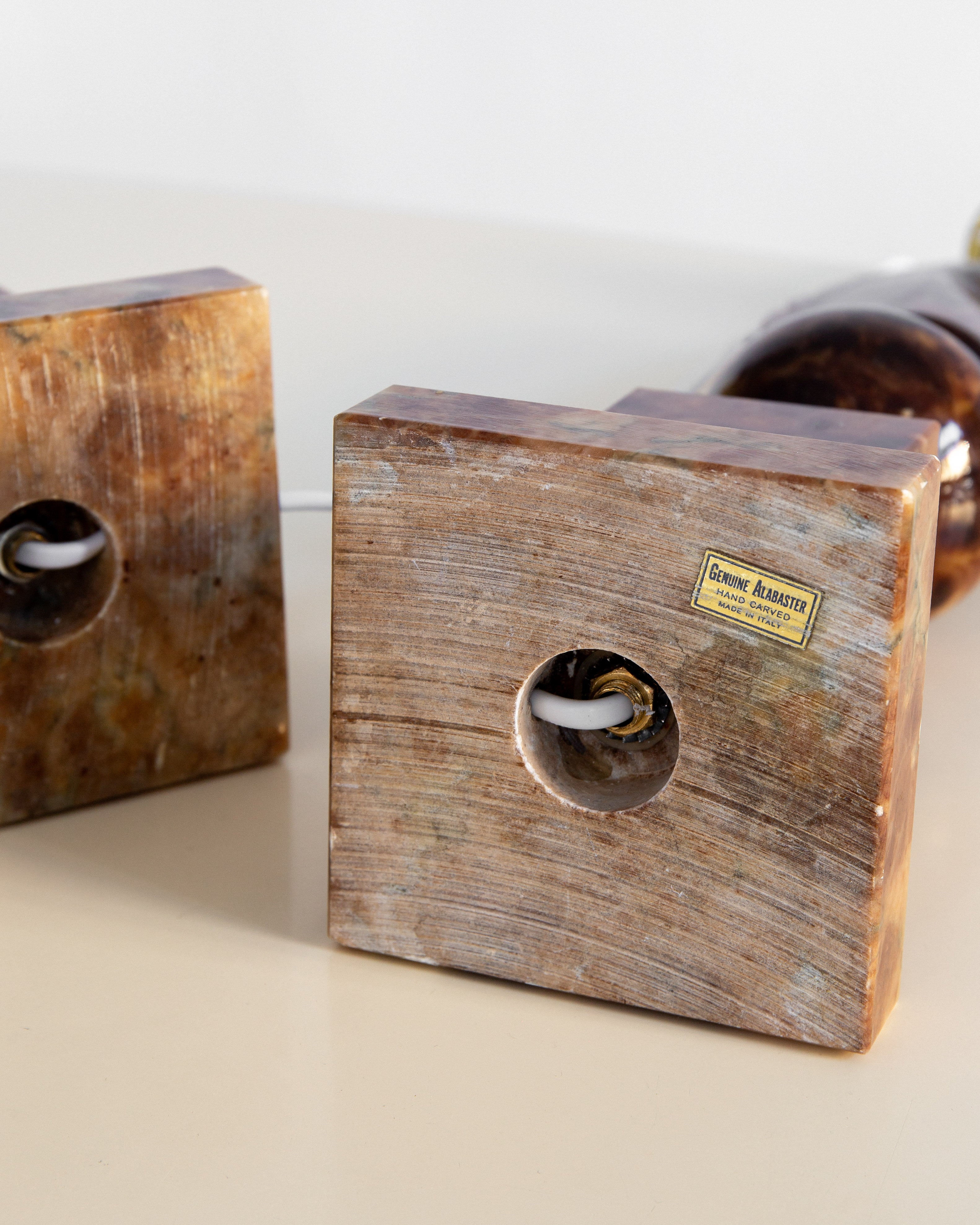 Pair of Large Alabaster Horse Head Table Lamps, Italy, 1970s — back view showing square alabaster bases