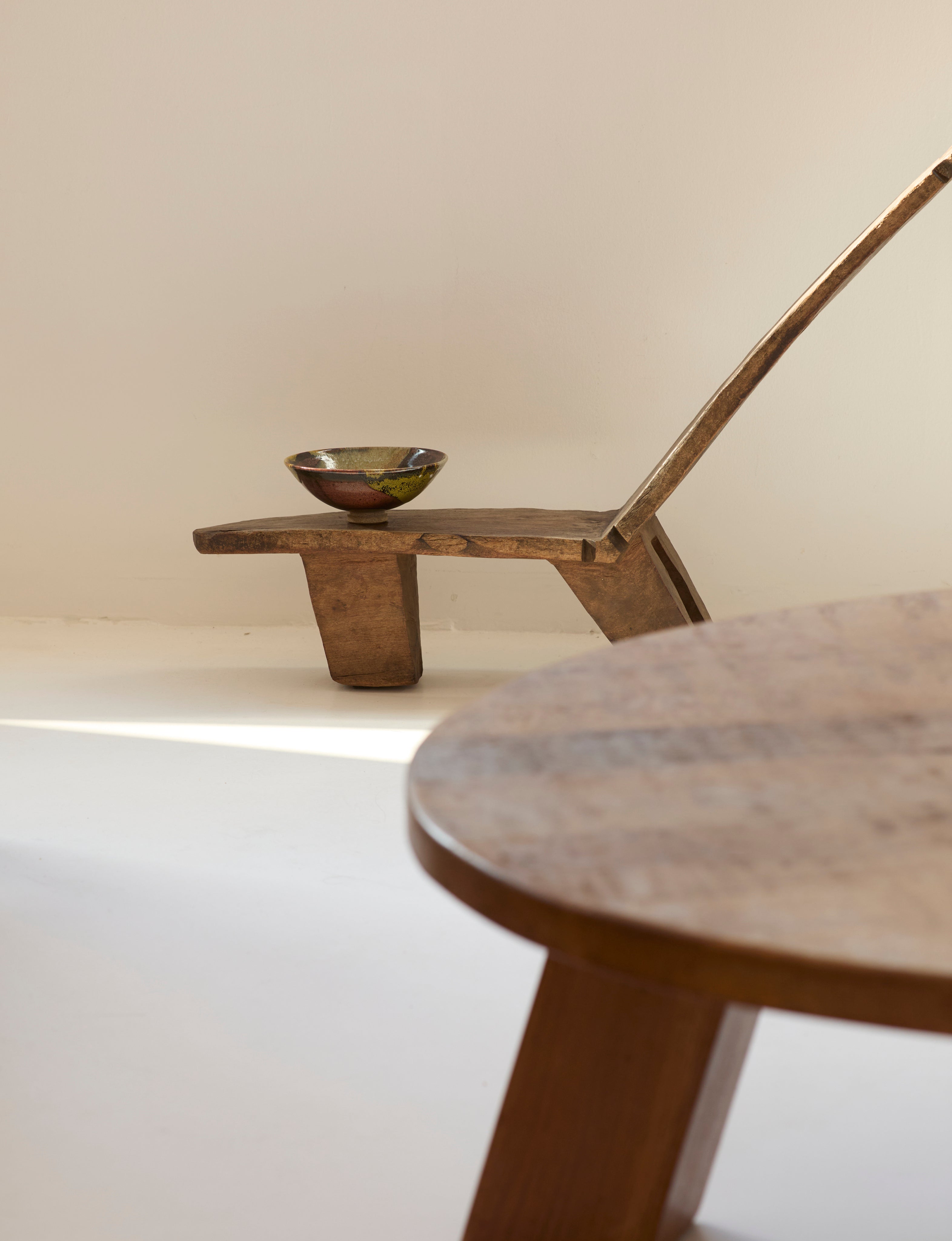 West African Monoxyle Lobi / Stargazer Chair, C. 1950 — back view with wooden structure and bowl
