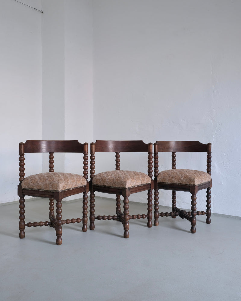 Set of three antique bobbin turned chairs with upholstered seats