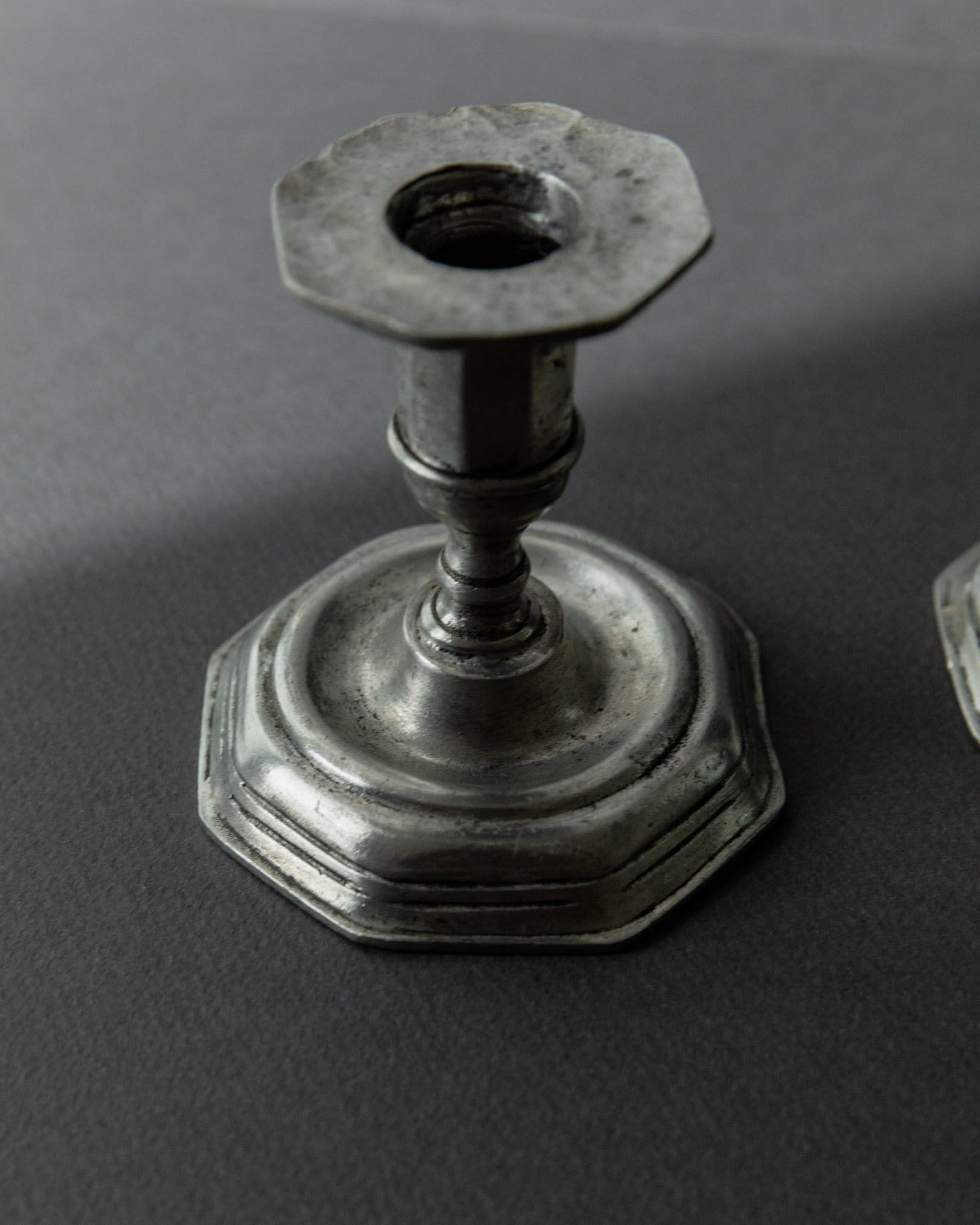 1900s Pewter Candleholders Set of 2 — top view showing octagonal bases