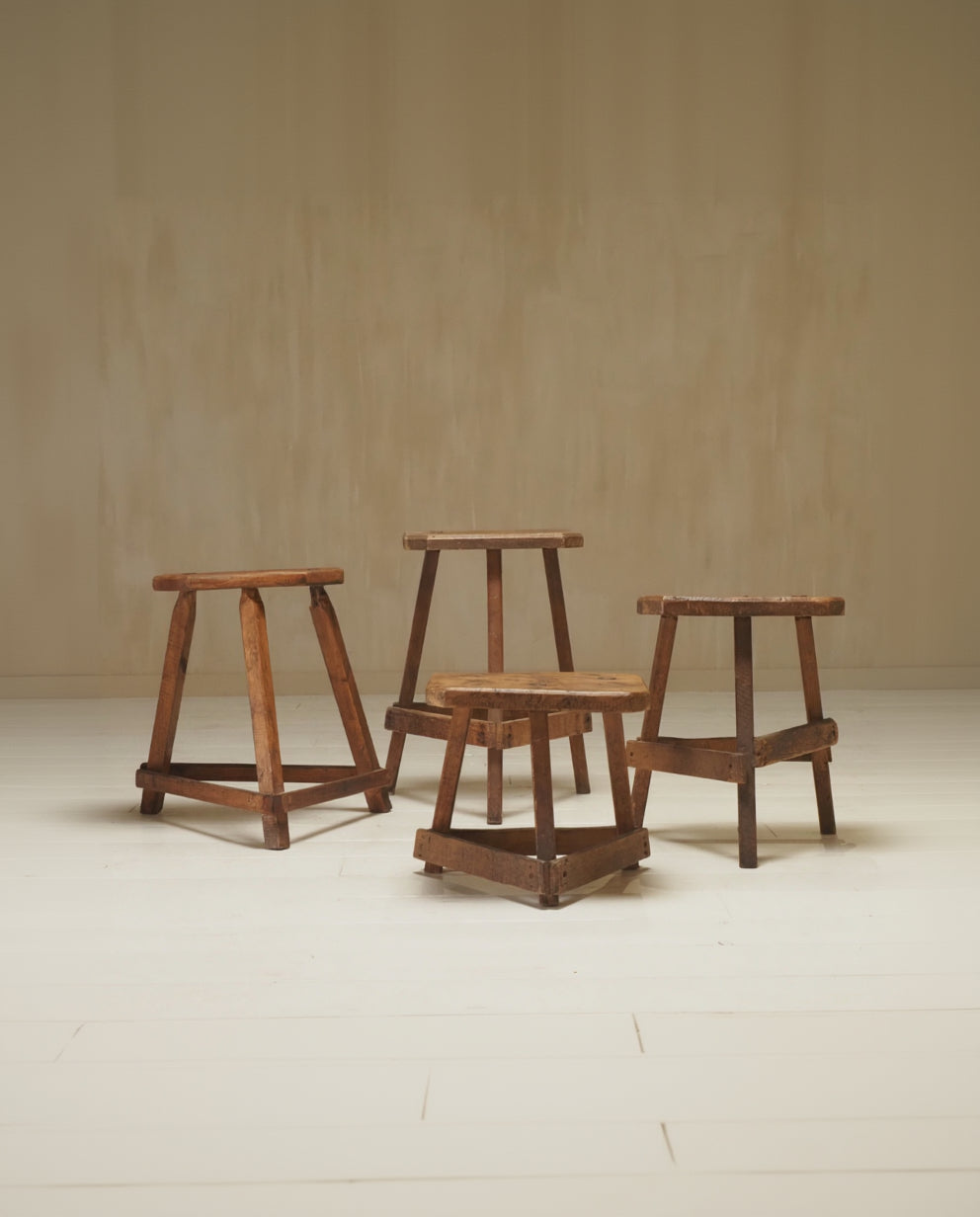 Set of 19th Century English Antique Oak Cutler's Stools — detail view