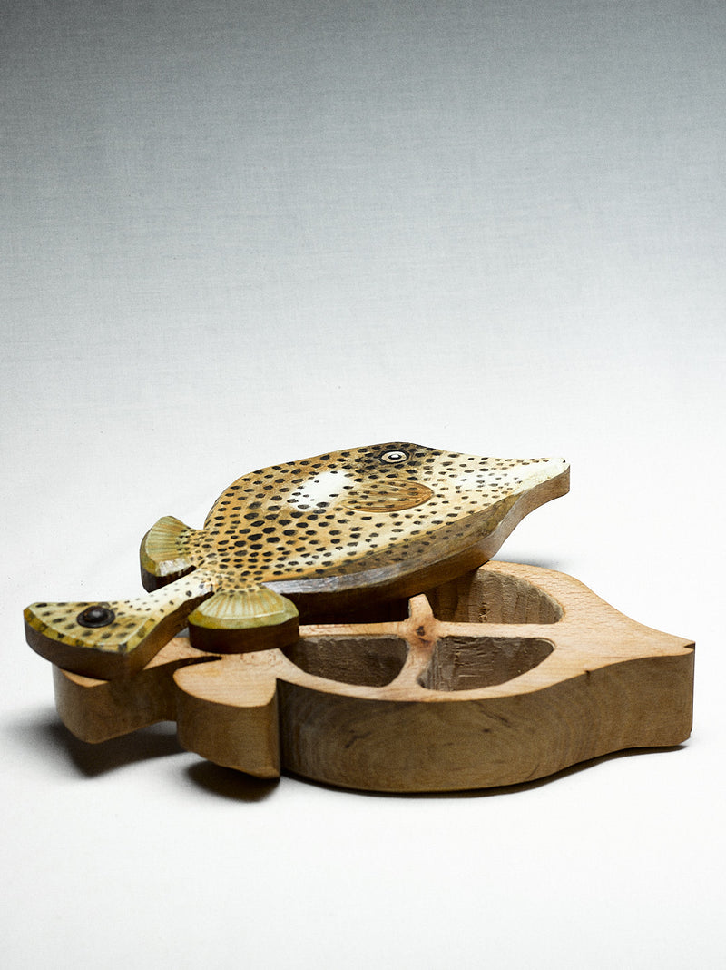 hand painted wooden box, fish — angled view showing detailed fish design