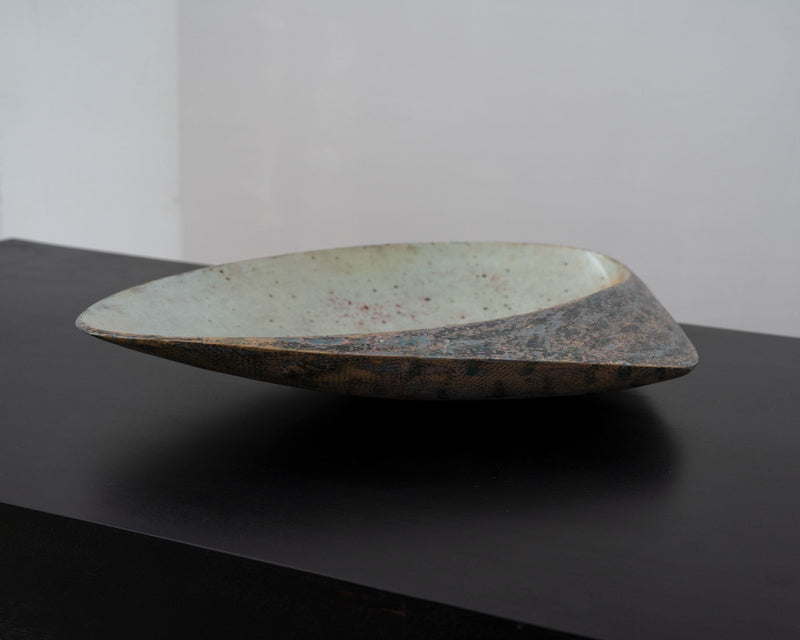 Large ceramic bowl profile view showing curved form and speckled glaze