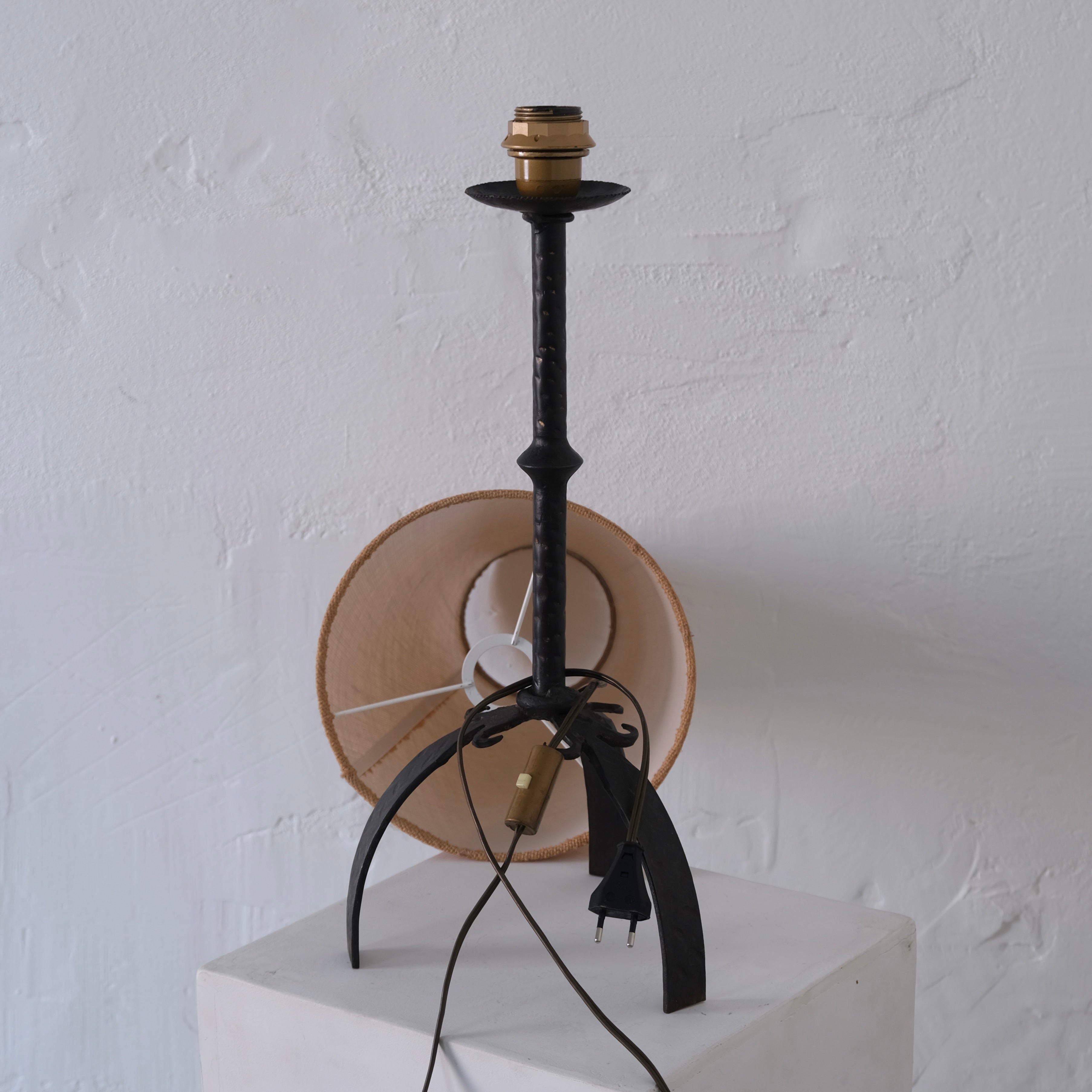 Brutalist Wrought Iron Table Lamp | 1970s — back view highlighting iron structure and cord