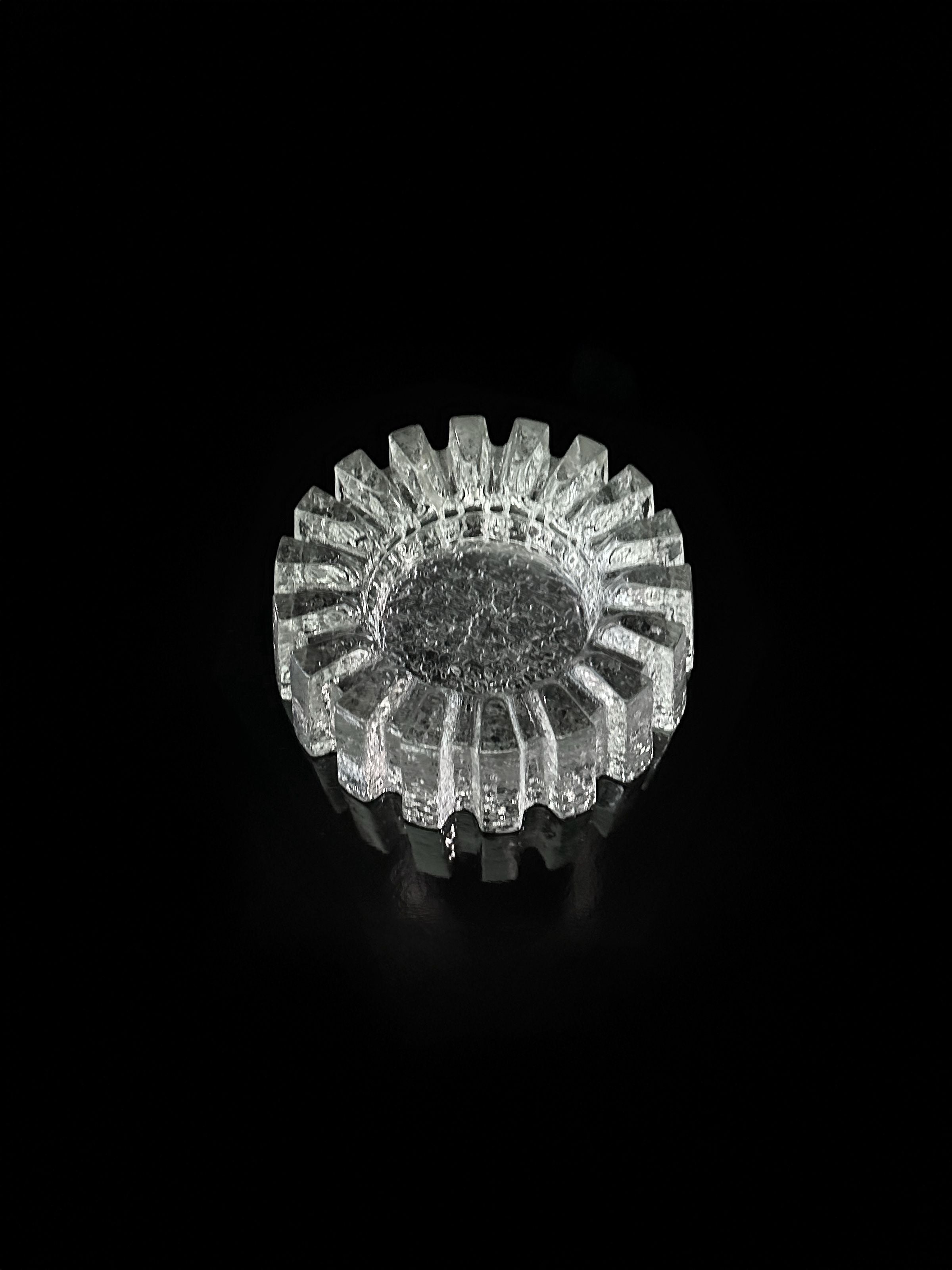 1970s Crystal Glass Brutalist Ashtray — side view highlighting textured glass design