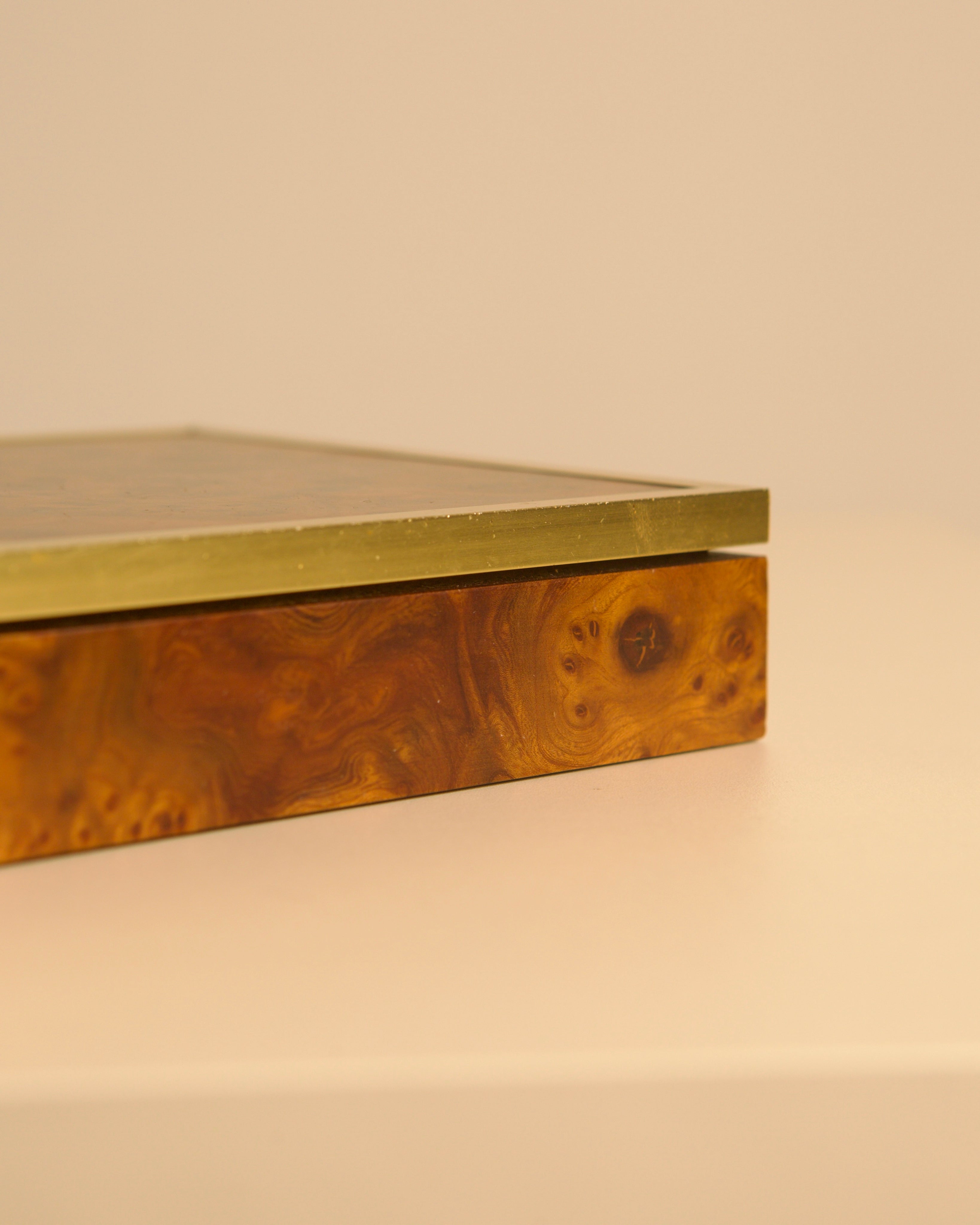 Italian box in elm wood and brass, 1960s — angled view highlighting brass trim and wood grain