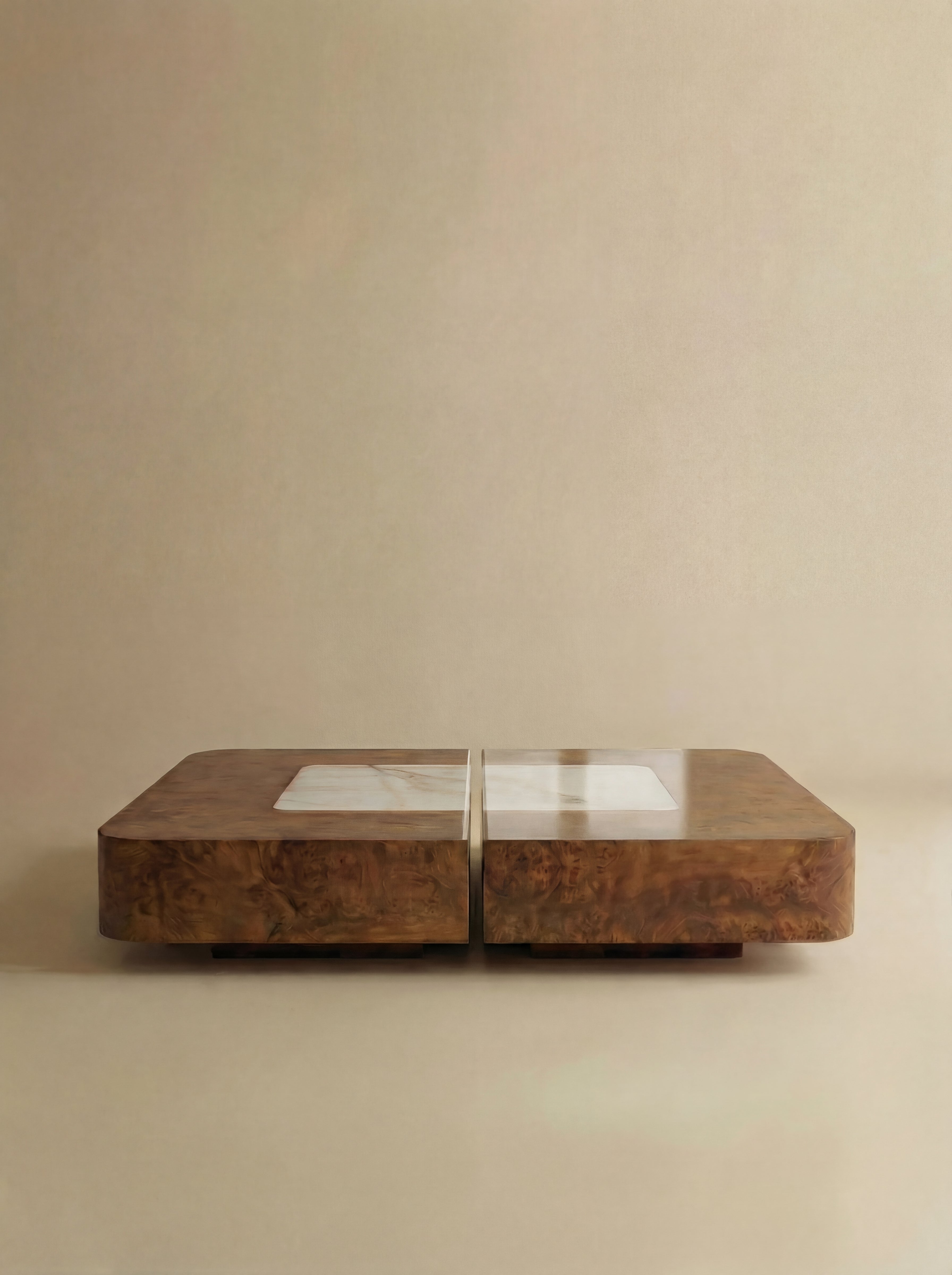 Baci Burl Wood and Shell Onyx Coffee Table — side view highlighting wood grain texture