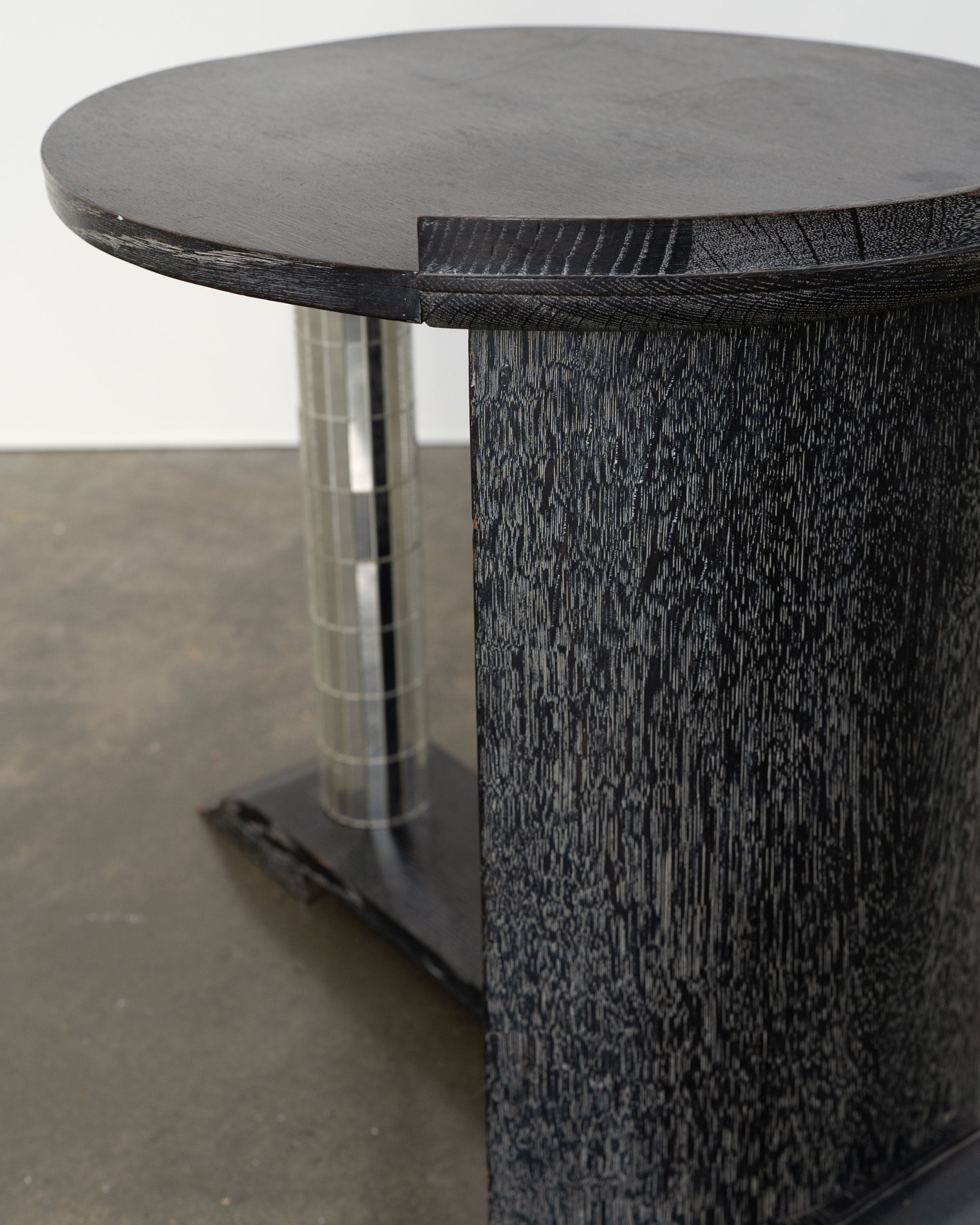 Modernist Ebonised Oak and Mirror Mosaic Pedestal Table — angled top view highlighting textured oak surface