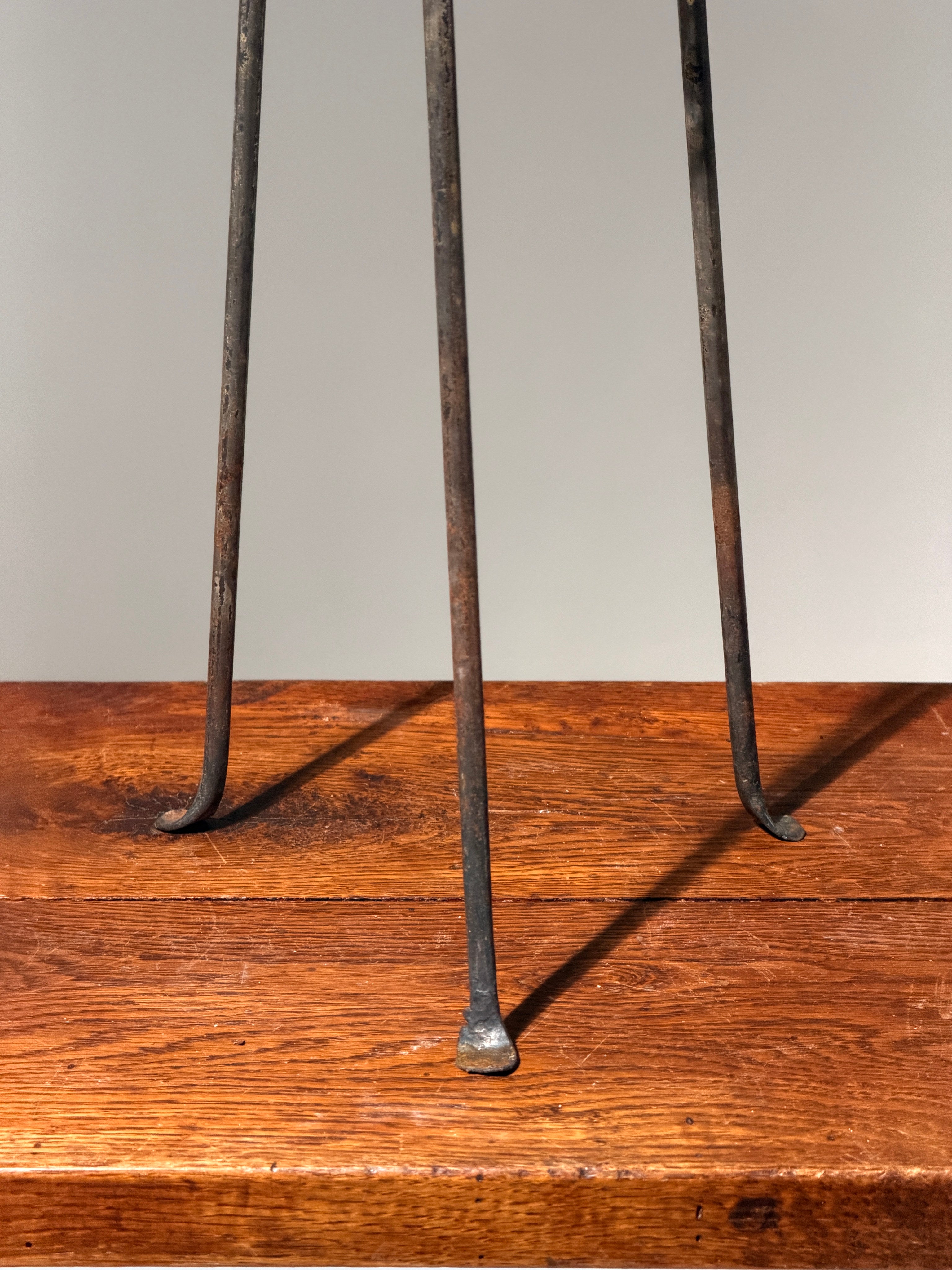 Glass orb vase on wrought iron tripod stand, France, circa 1960 — lifestyle setting