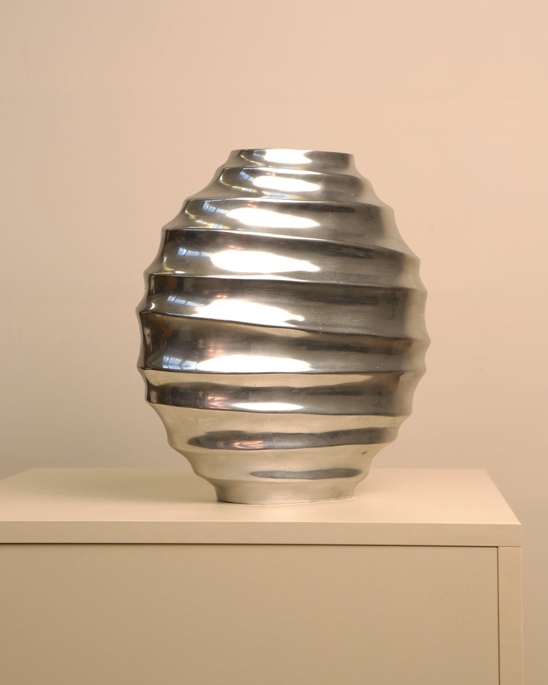 Large ribbed cast aluminum vase with metallic finish 1980s