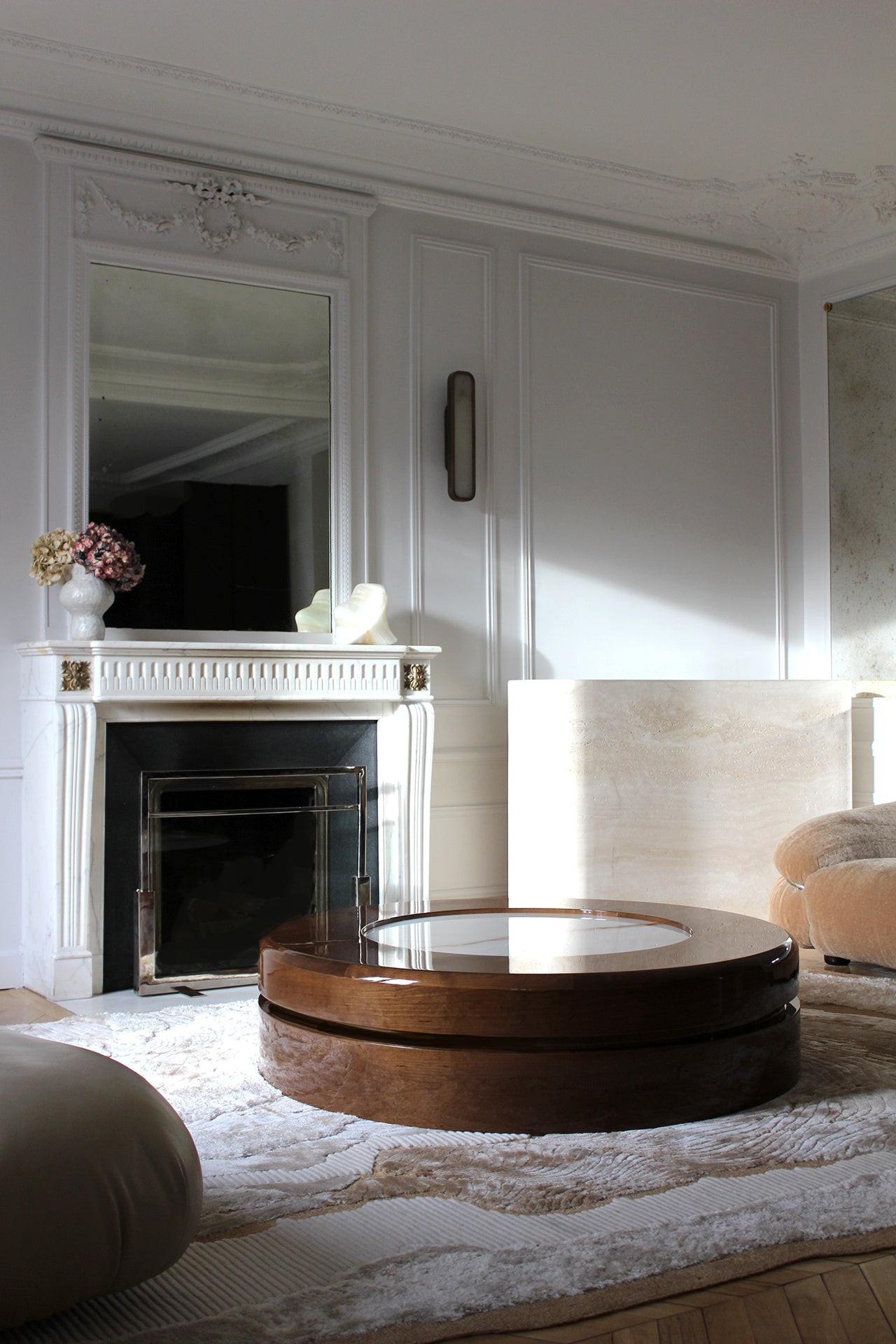 Yoyo Wooden And Shell Onyx Coffee Table — angled view in modern living room setting
