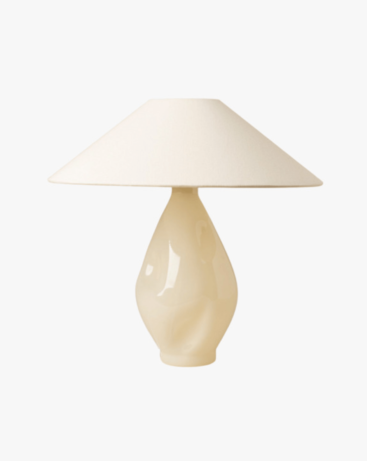 Sentence with product name and brand name:
"Elegant Beige Conical Glass Lamp by Los Objetos Decorativos with a creamy beige, glossy base and a wide, flat-topped white lampshade, isolated on a white background. This piece embodies interior elegance through its sophisticated design.