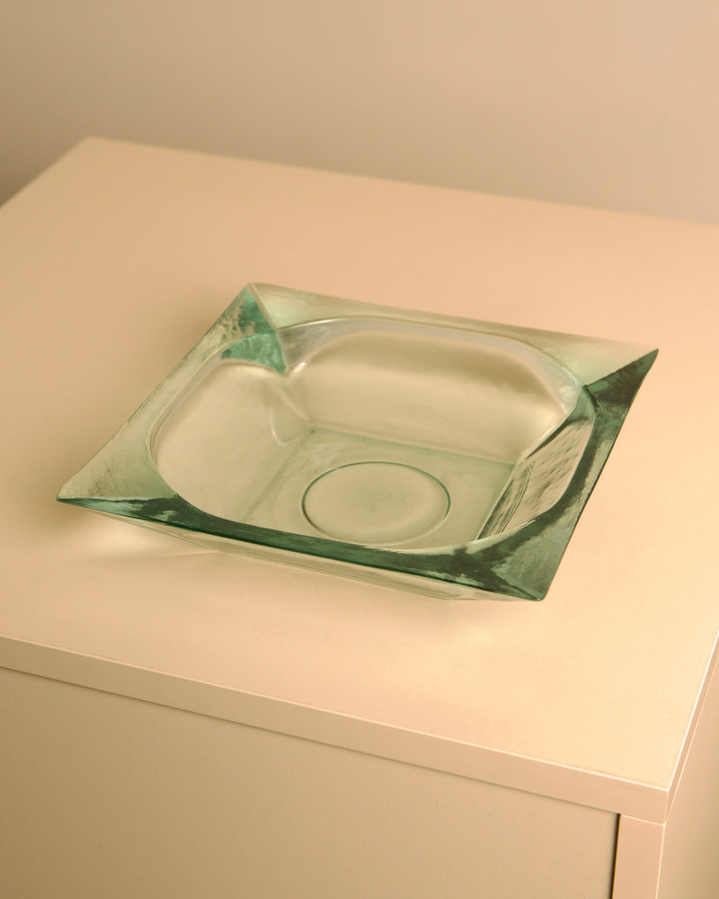 Large Italian glass basket by Fontana Arte — close-up showing transparent green glass surface