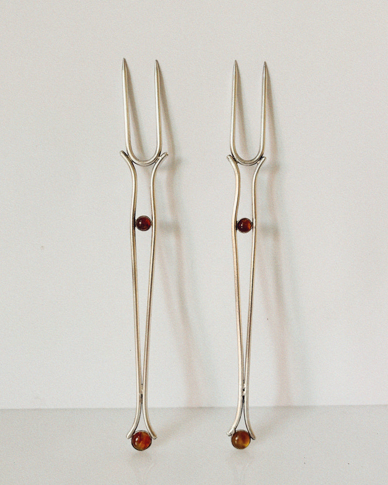 Silver Plated Serving Forks with Amber Inlay by Huerto | The Oblist — silver color, handcrafted design