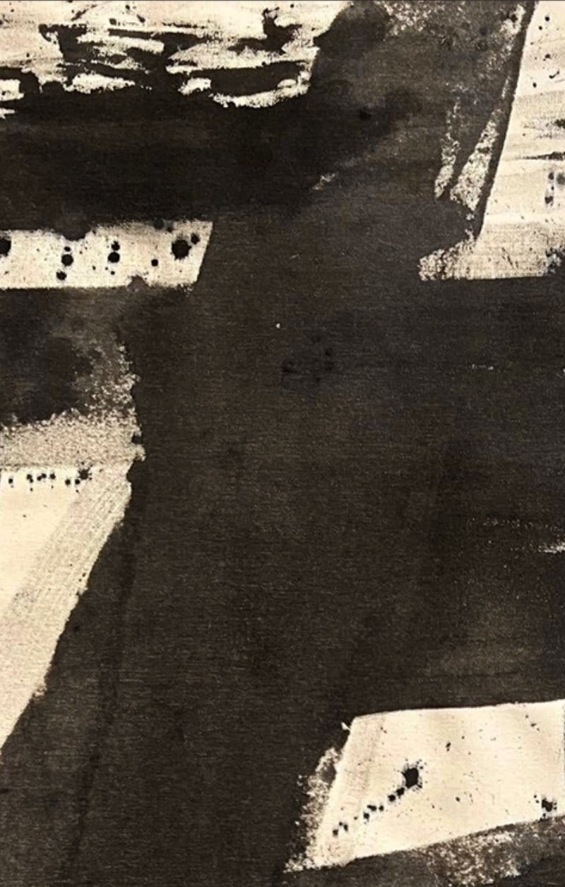 Dynamic black brushstrokes and splatters form bold shapes and textures in "Marblehead Harbor," an original ink and charcoal on raw canvas painting by Médecine.