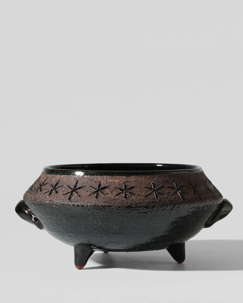 Eke Bjerén Swedish Ceramic Bowl On Legs by Vintage Stories | The Oblist — handcrafted black ceramic with decorative details