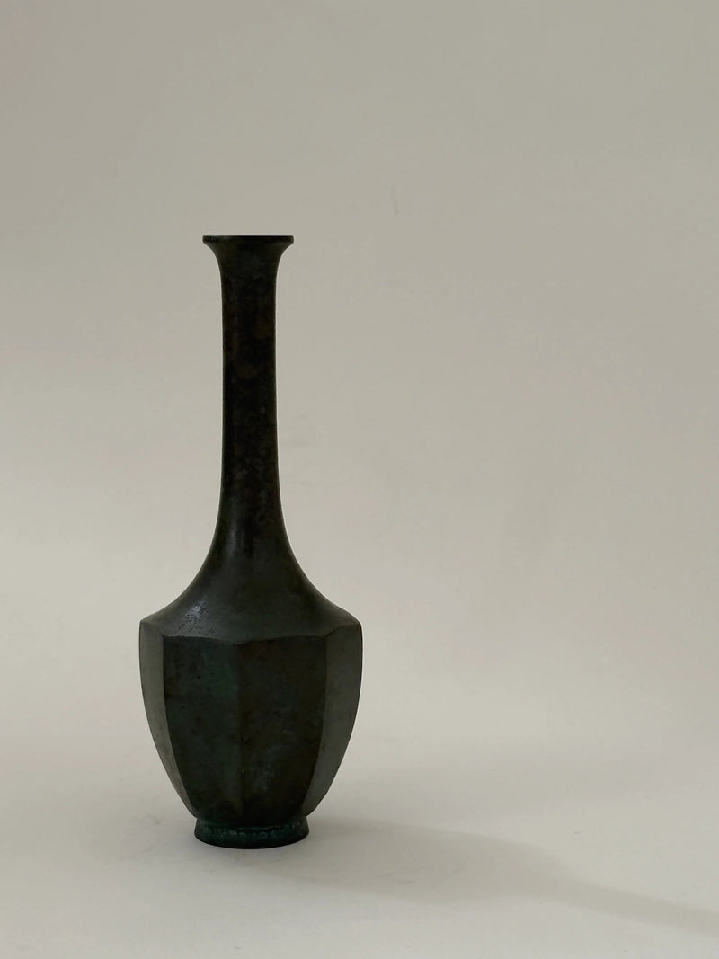 Rare Japanese Hexagonal Bronze Vase — close-up of dark bronze surface