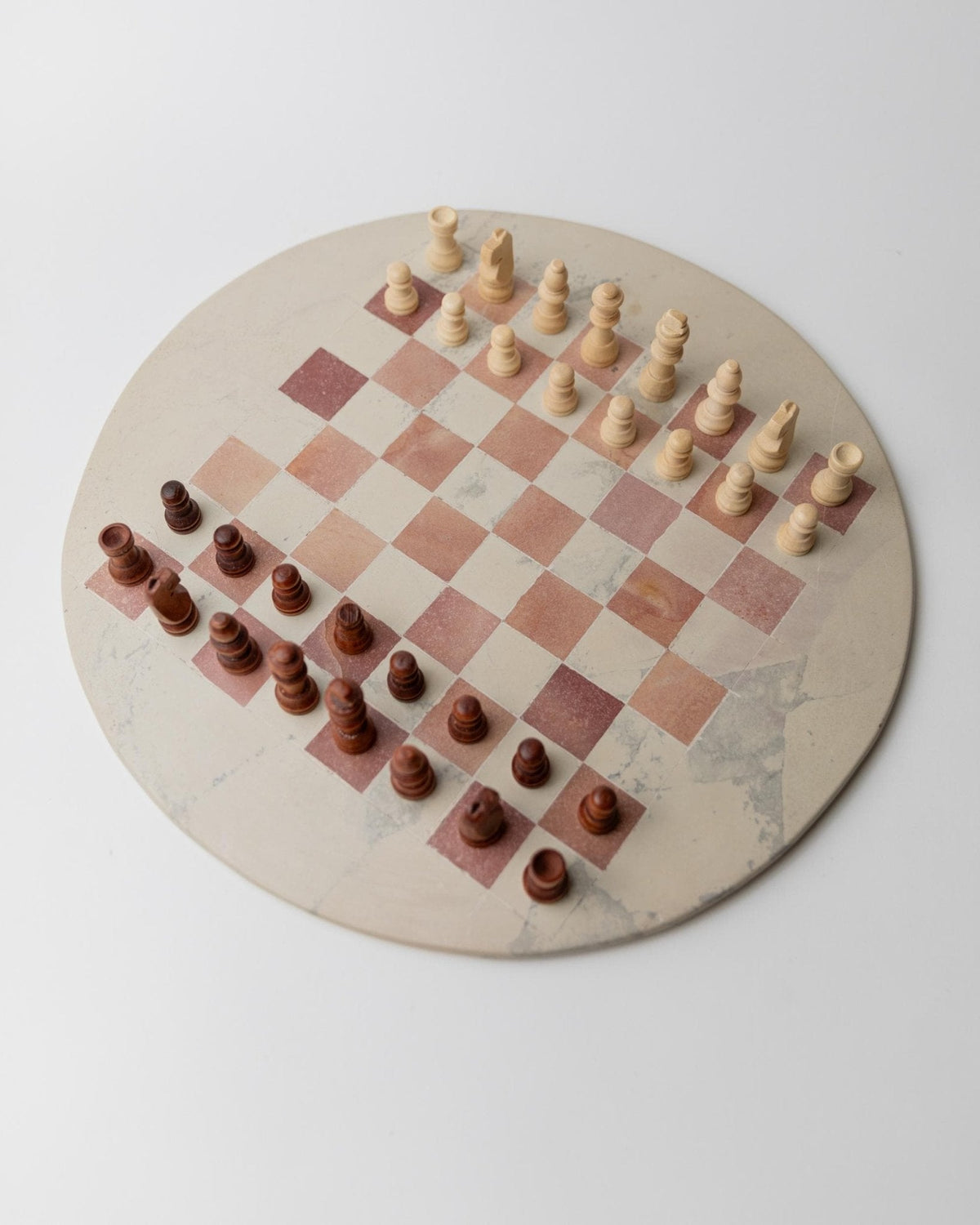 Vintage 1980s round Marble Chess Set, Beige and Rose Marble Chess Board with Wooden Pieces, Classic Strategy Game, Table Game, Gift Idea — lifestyle setting