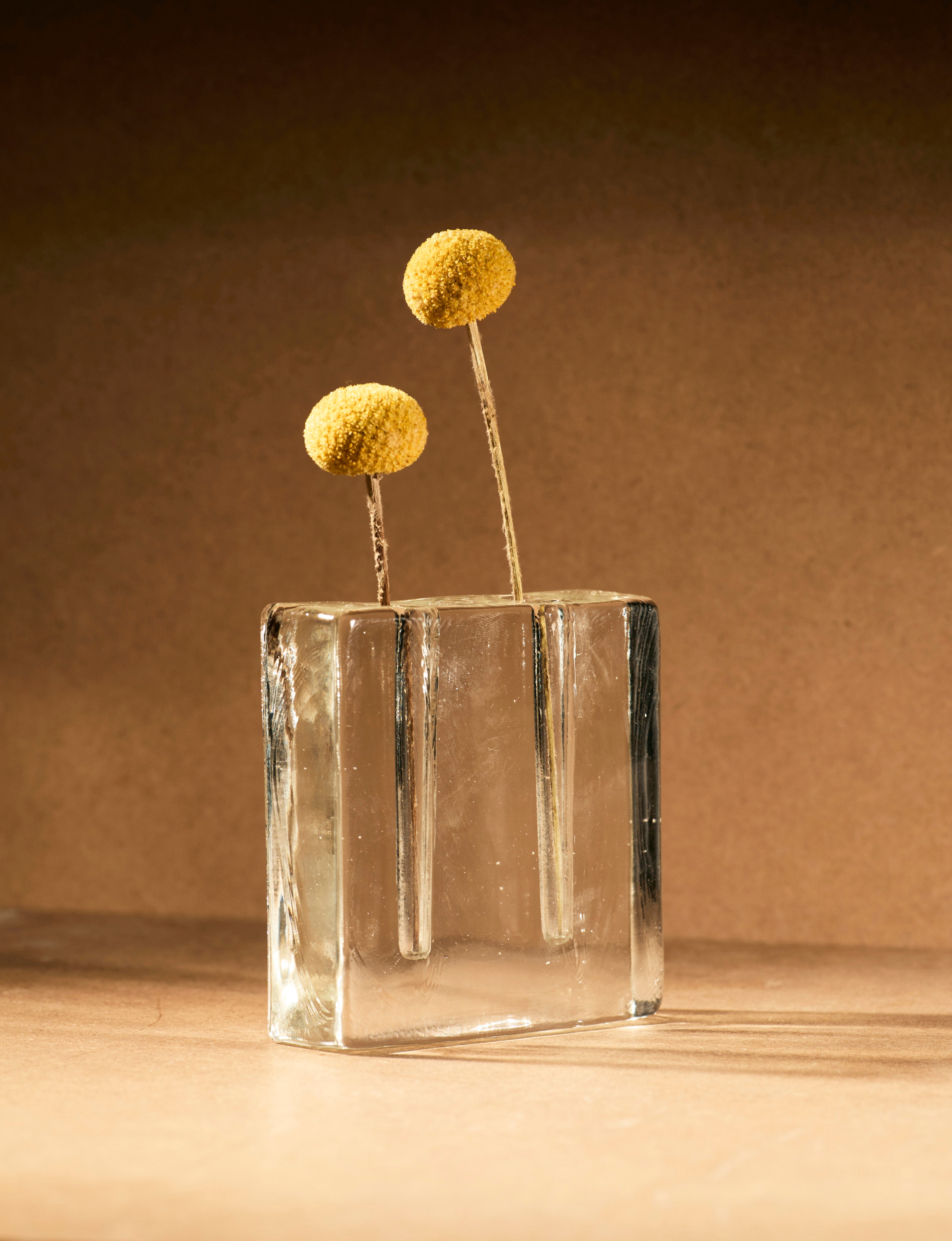Vintage Scandinavian Clear Vase in Glass c. 1960 — side view with dried flowers
