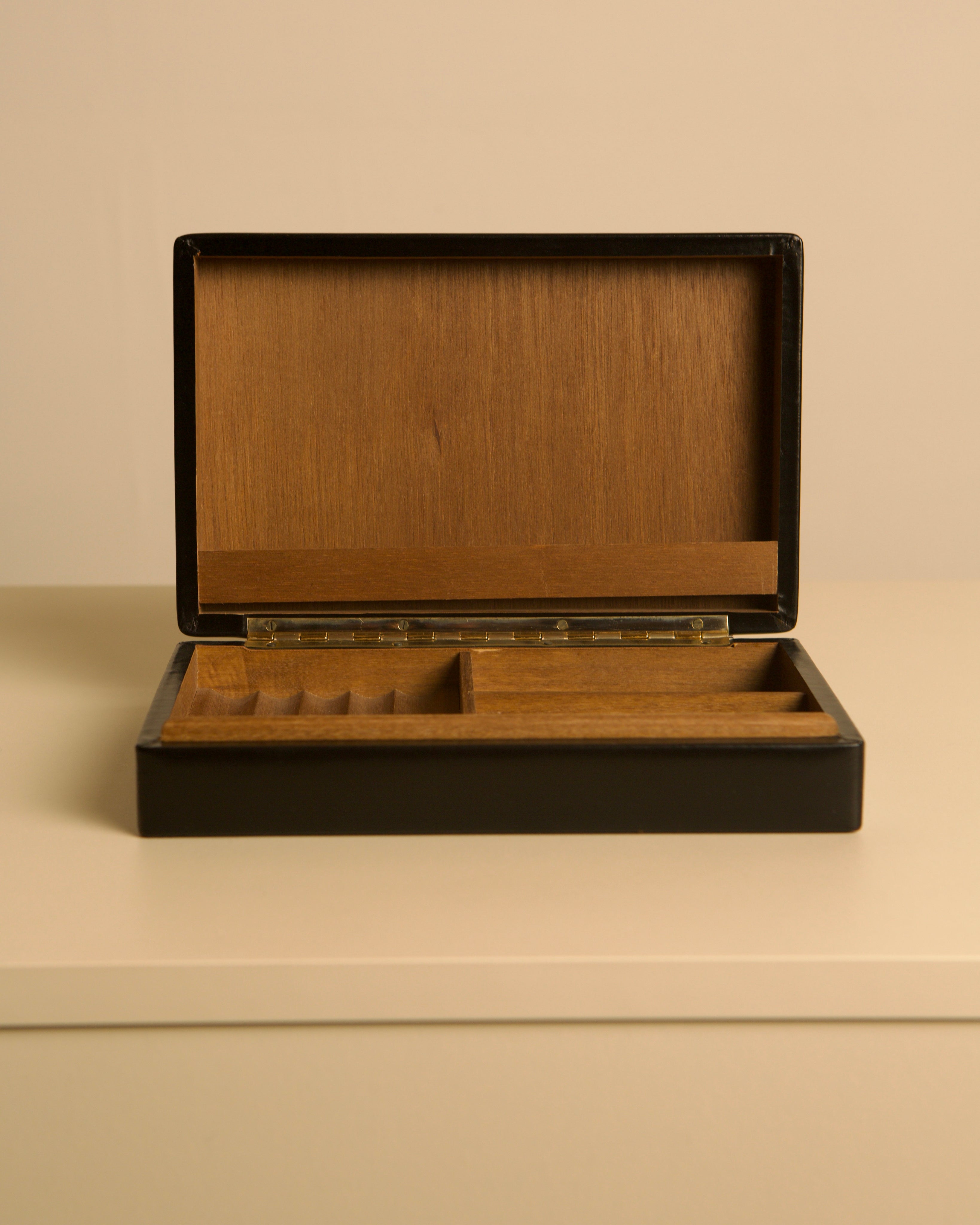 Italian Box in Black Leather, 1960s — side angle showing wooden interior compartments