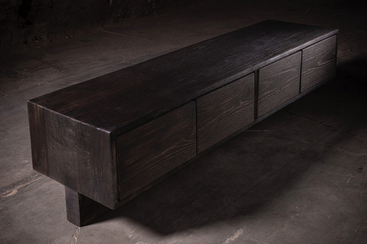 Obsidian Console, Burned Solid Oak, Shou Sugi Ban Technique. — lifestyle setting
