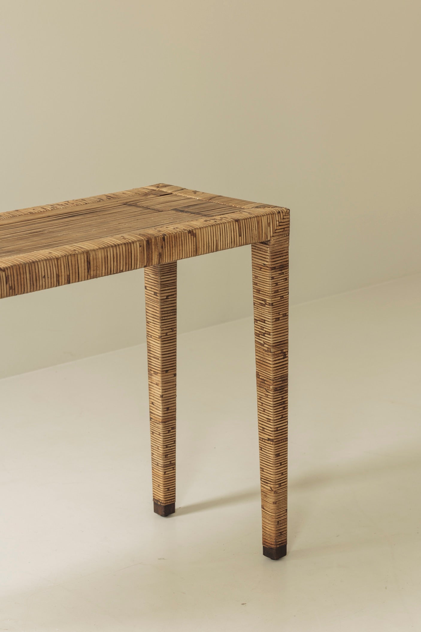 Exceptional French Rattan Wrapped Console Table, 1970s — lifestyle setting