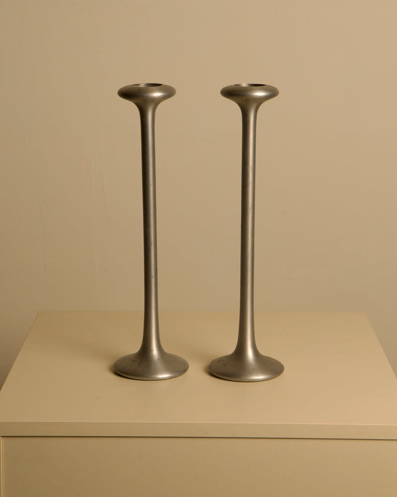Pair of 80s Cast Aluminum Candleholder by Treaptyque | The Oblist — cast aluminum, silver finish