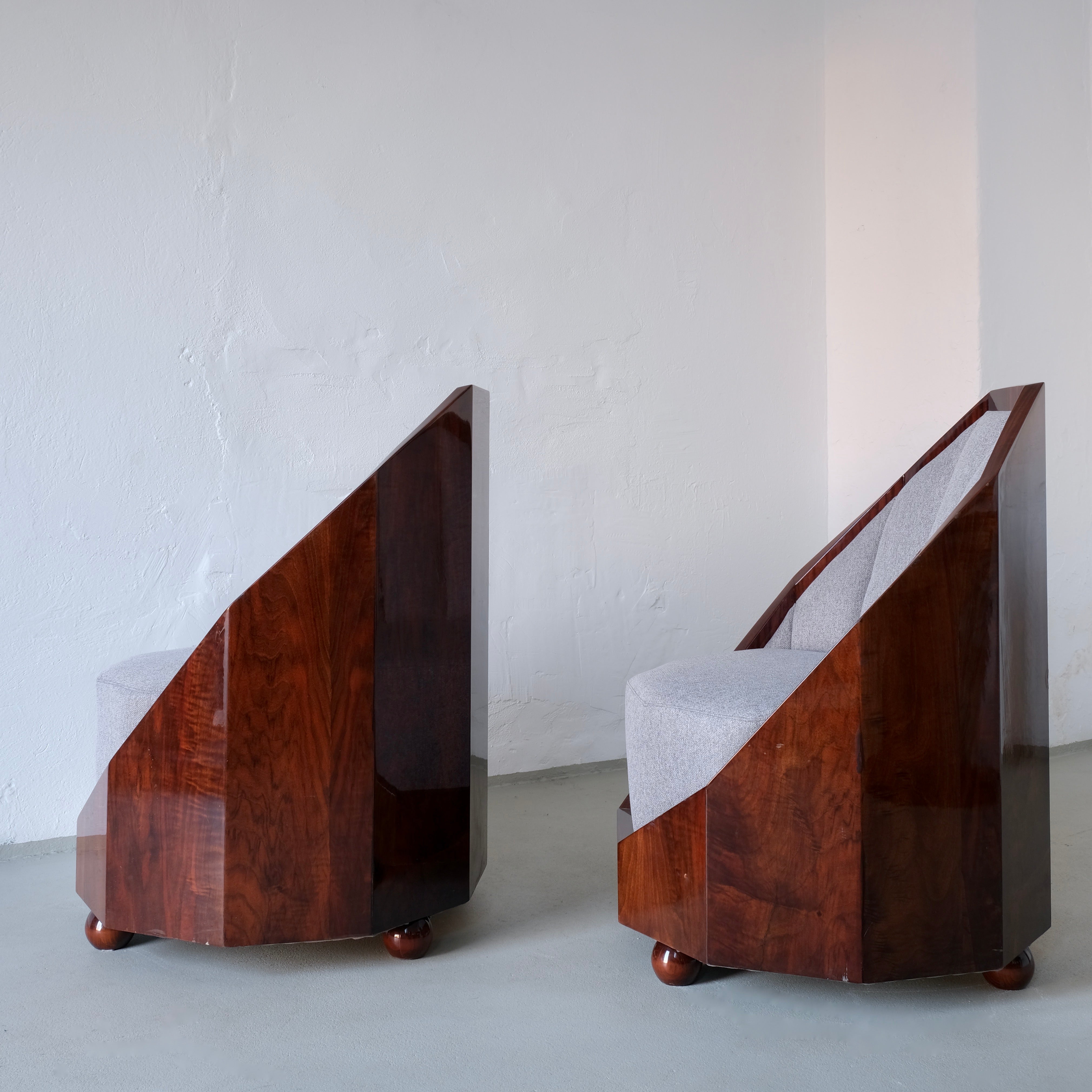 Leon-Emile Bouchet Art Deco Lounge Set, 1930s — angled view highlighting walnut finish and fabric upholstery
