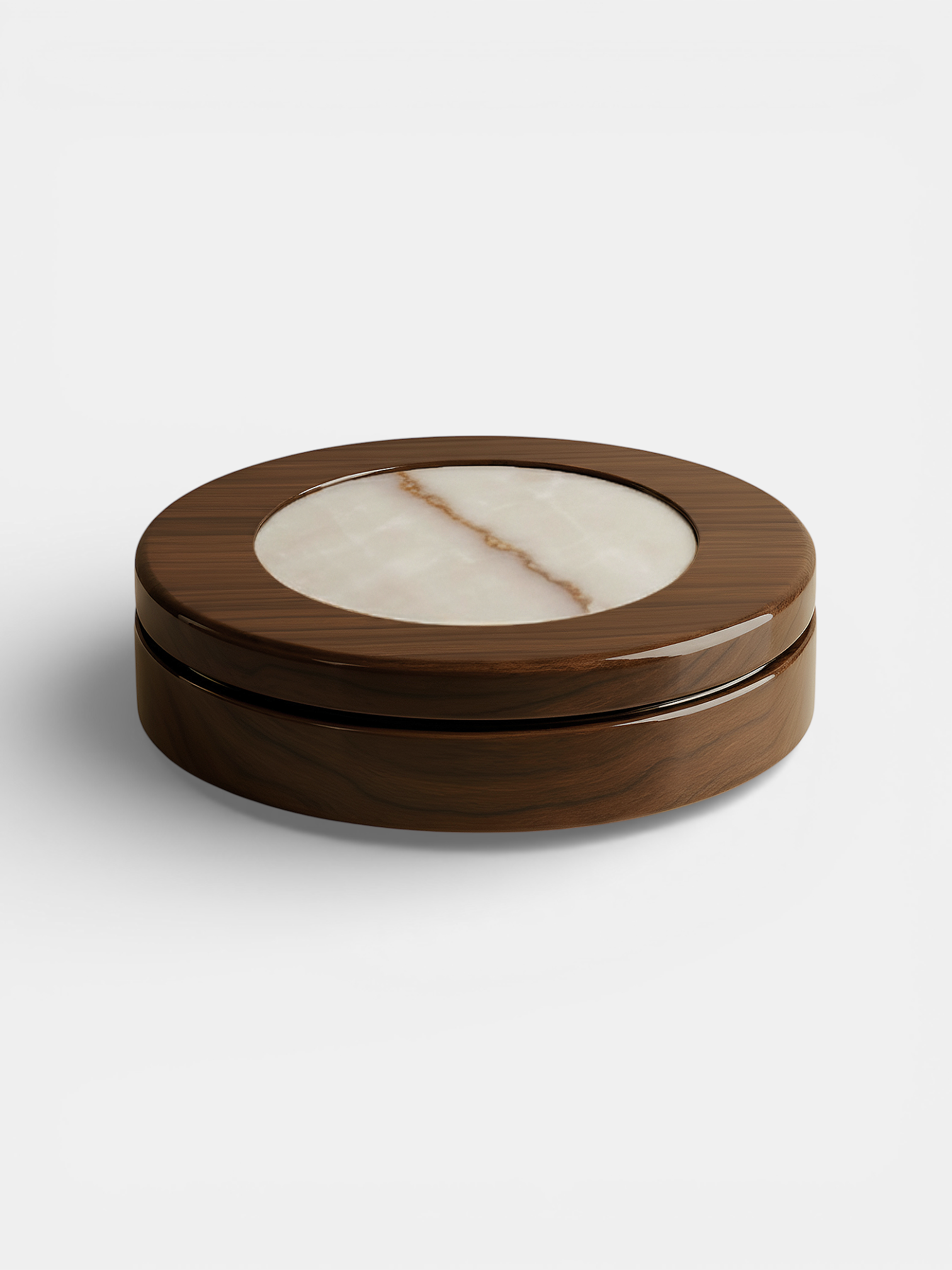 Yoyo Wooden And Shell Onyx Coffee Table — close-up of round wooden top with onyx inlay