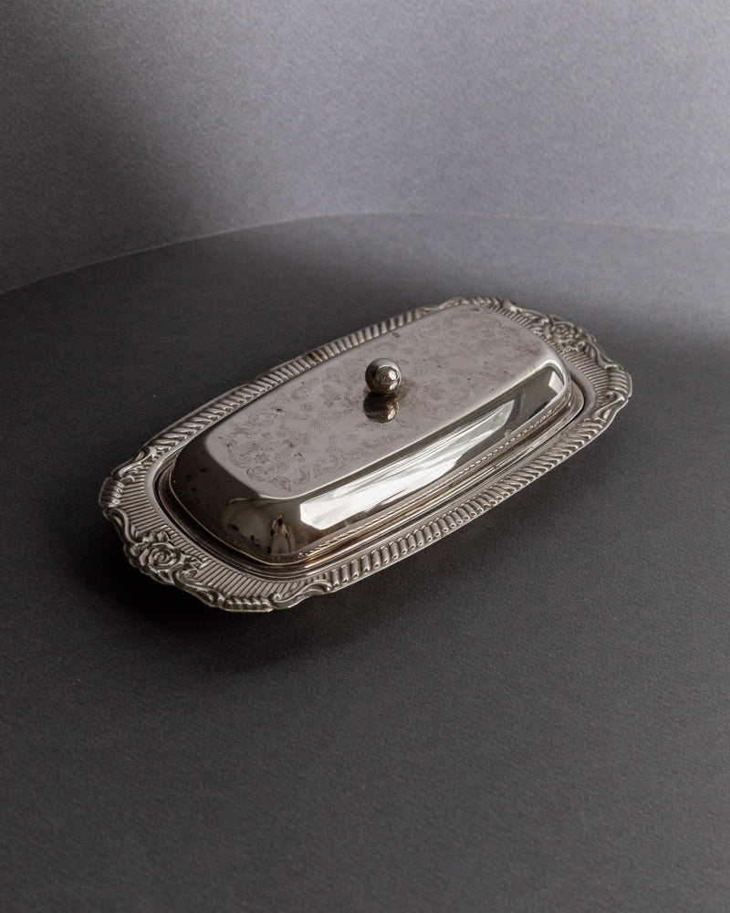 Previous slide Next slide Vintage 1970s Silver Plated Butter Dish, Engraved Ornamental — top view showing ornate border and p