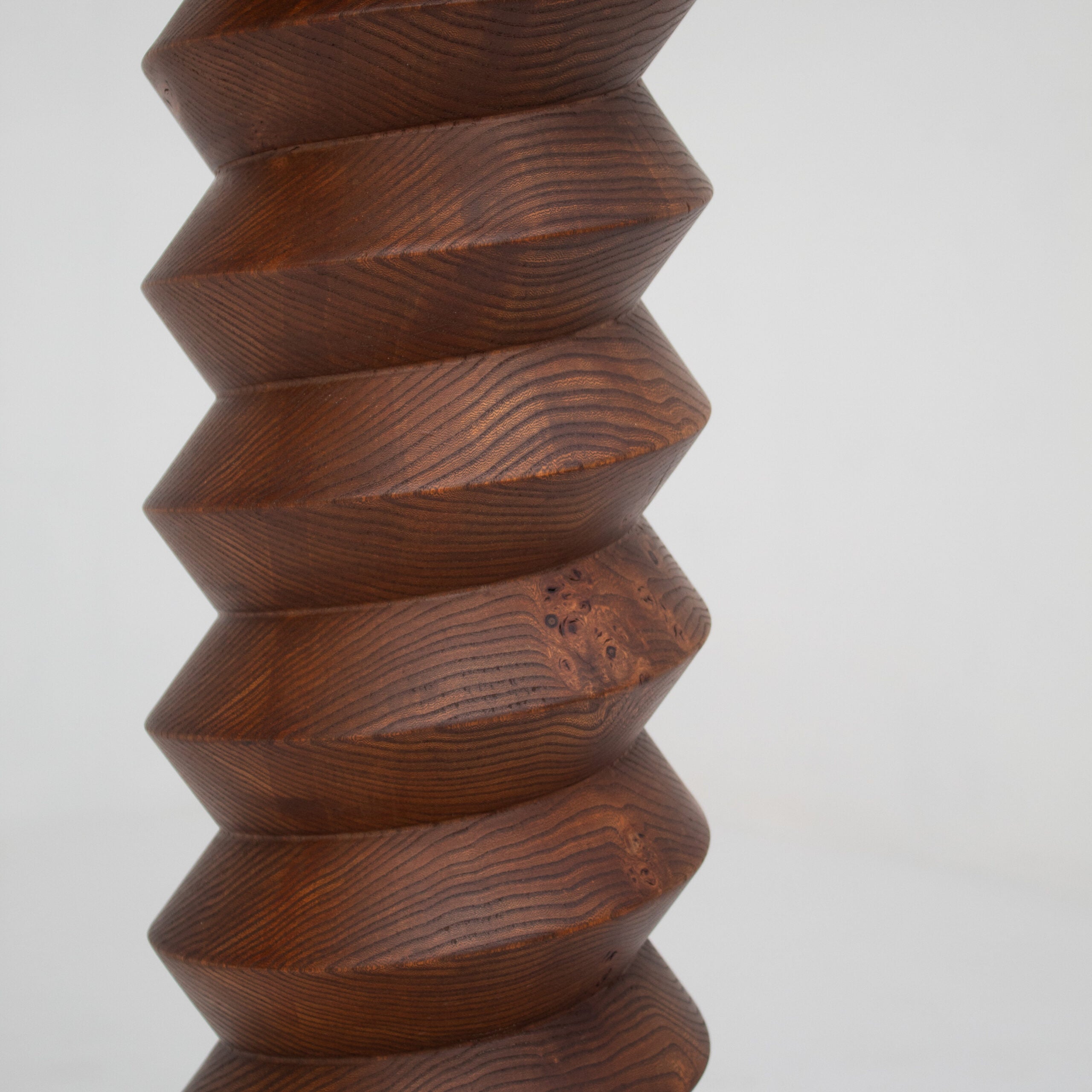 Sculptural Wooden Pillar in Solid Elm with Twisted Geometric Carving — alternate view