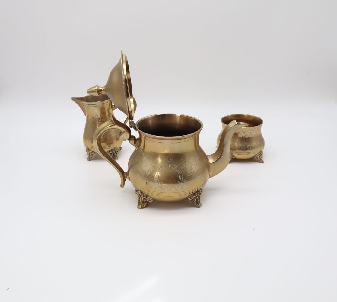 Mid-Century Brass Tea Service with Tray – India, 1960s — side angle