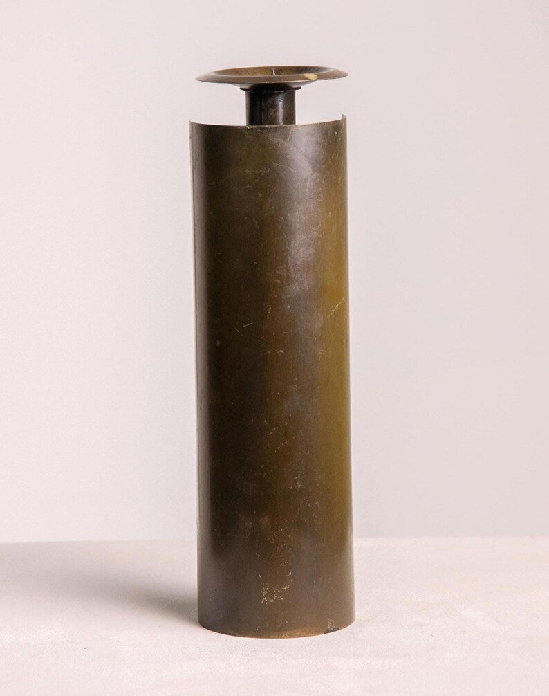 Brutalist Metal Candle Holder by Czesław Palczewski — top view of cylindrical bronze design