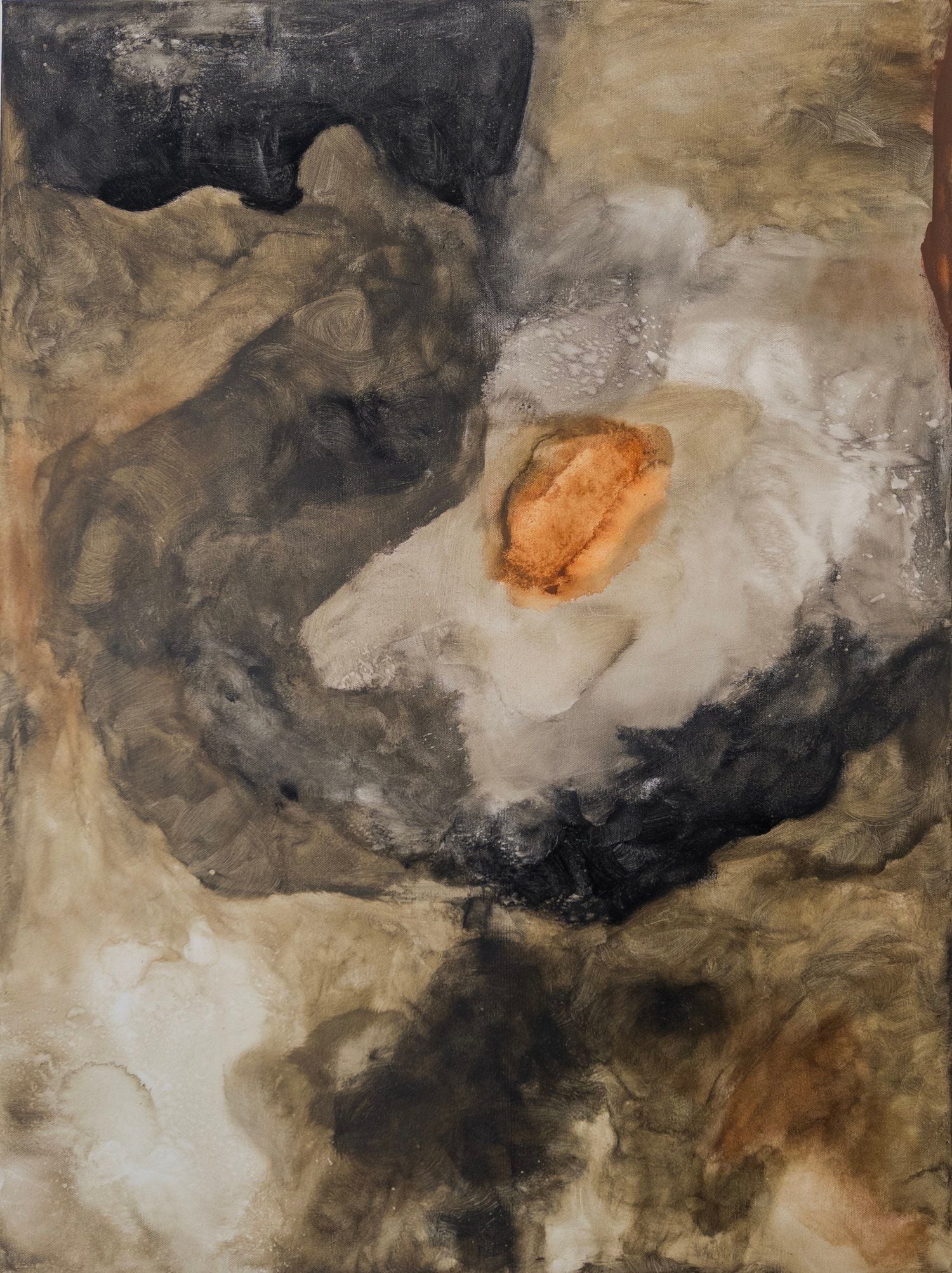 'Gracious Tempest' by Natasha France is a contemporary mixed media painting on canvas with swirling brown, beige, black, and white tones and a prominent orange-brown spot at the center, creating a smoky, cloud-like effect.