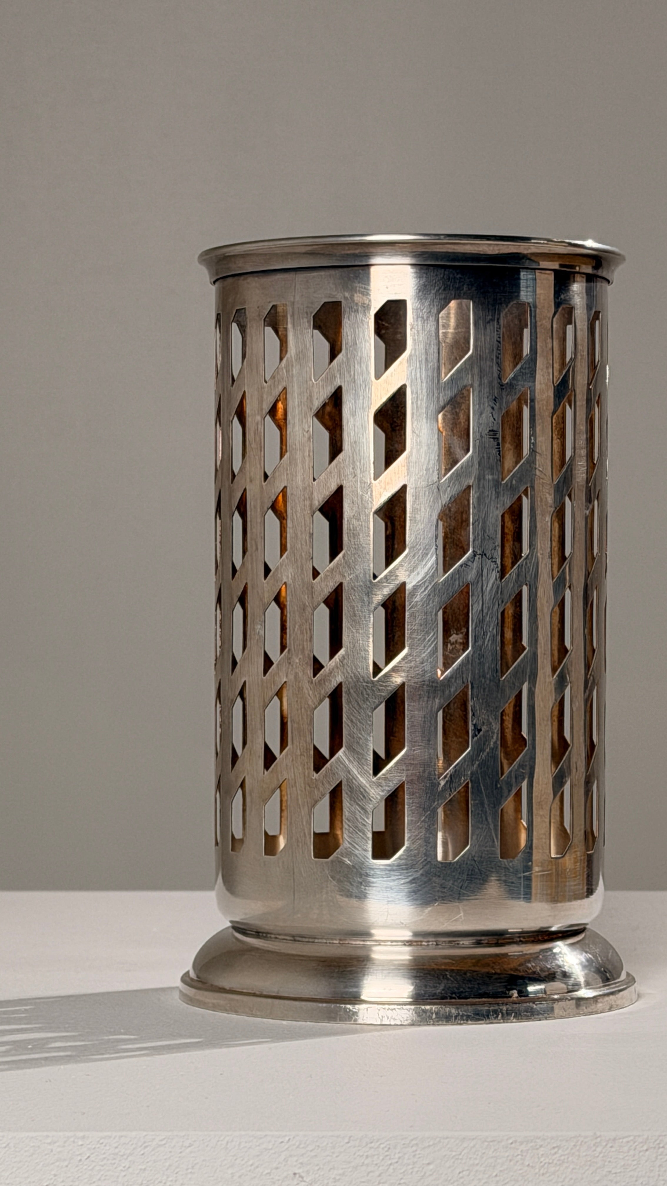 Silver-plated Metal Bottle Holder, Saint-Médard, Paris, 1930s — side angle showing intricate cutout design