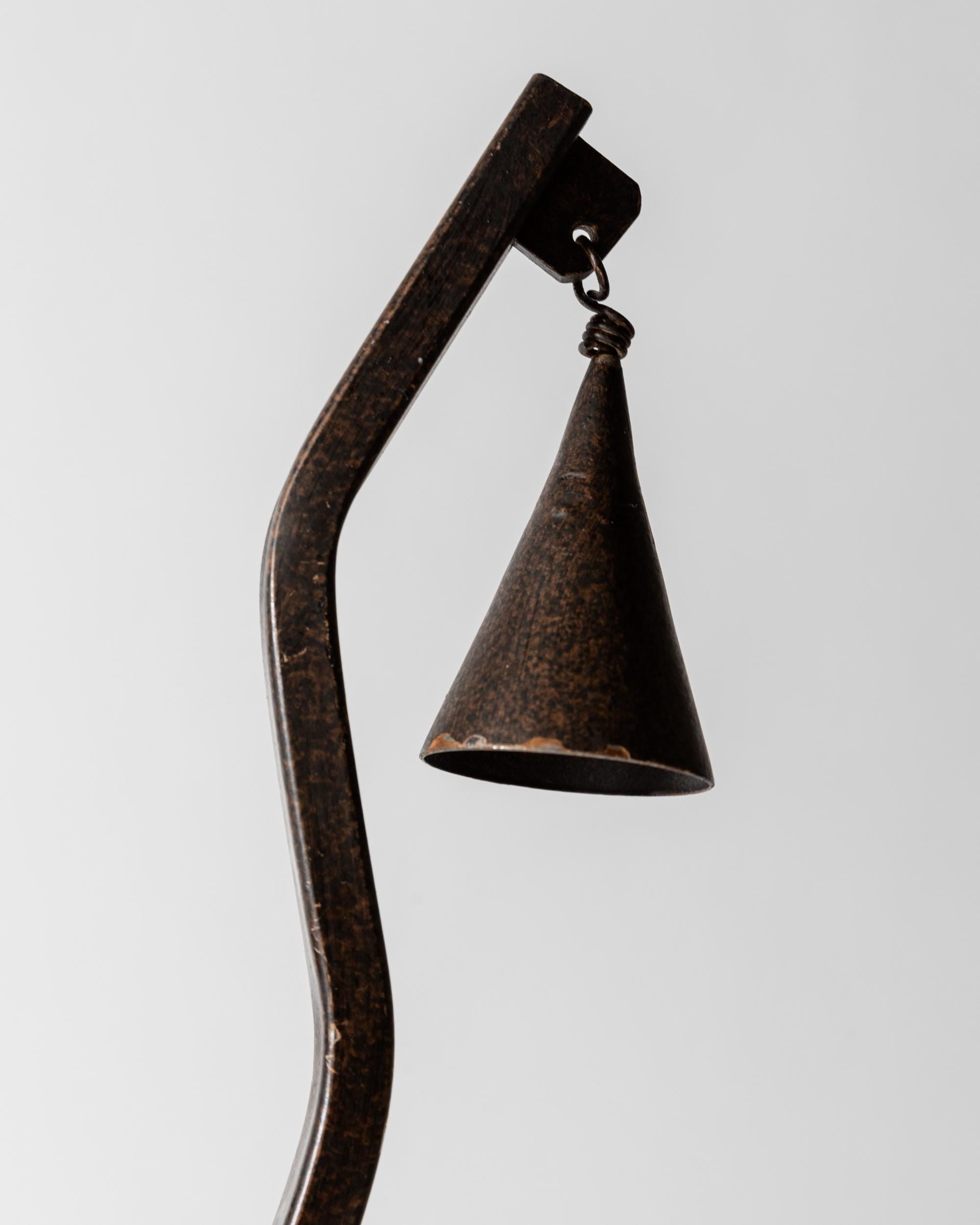 Vintage 1960s Hand forged Iron Candleholder, Zig Zag Design with Removable Candle Snuffer, Sculptural Metal Decor, Table Accent, Gift Idea — side angle