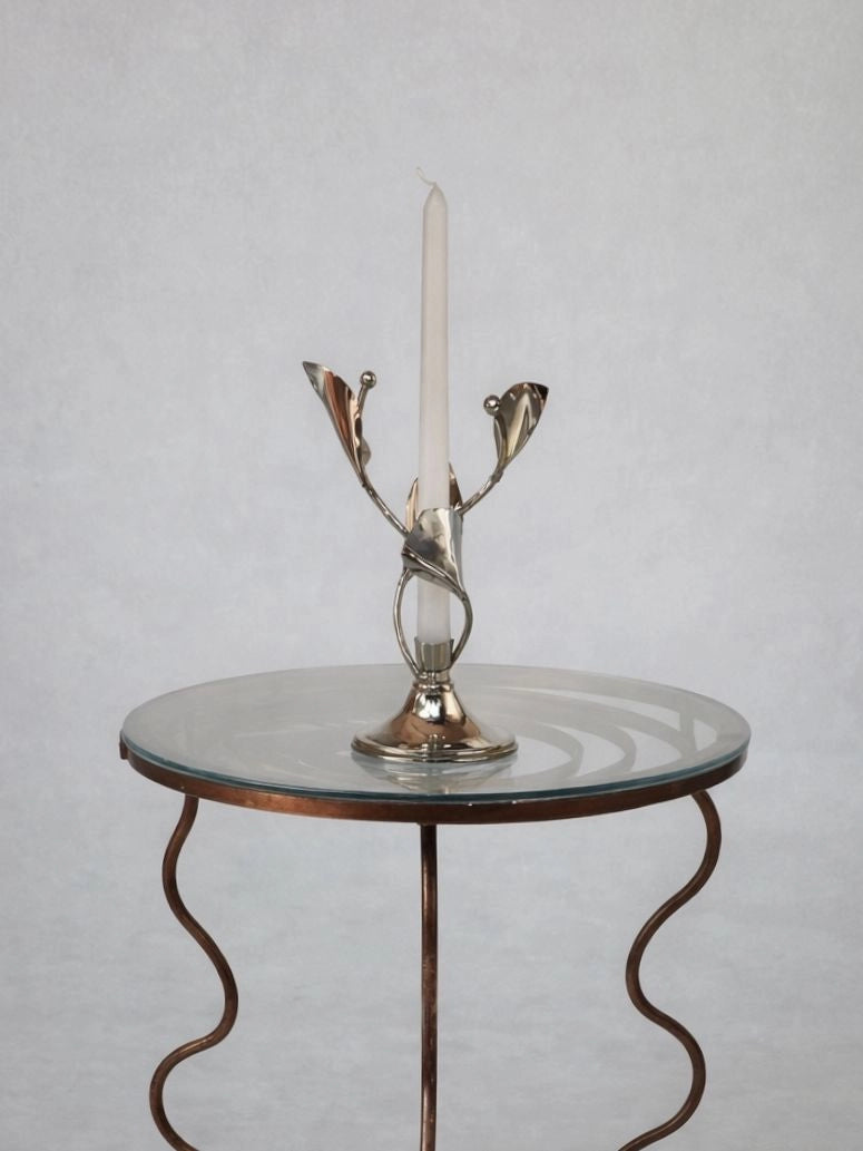 1980s French Vintage Chrome Floral Candlestick by Blisse | The Oblist