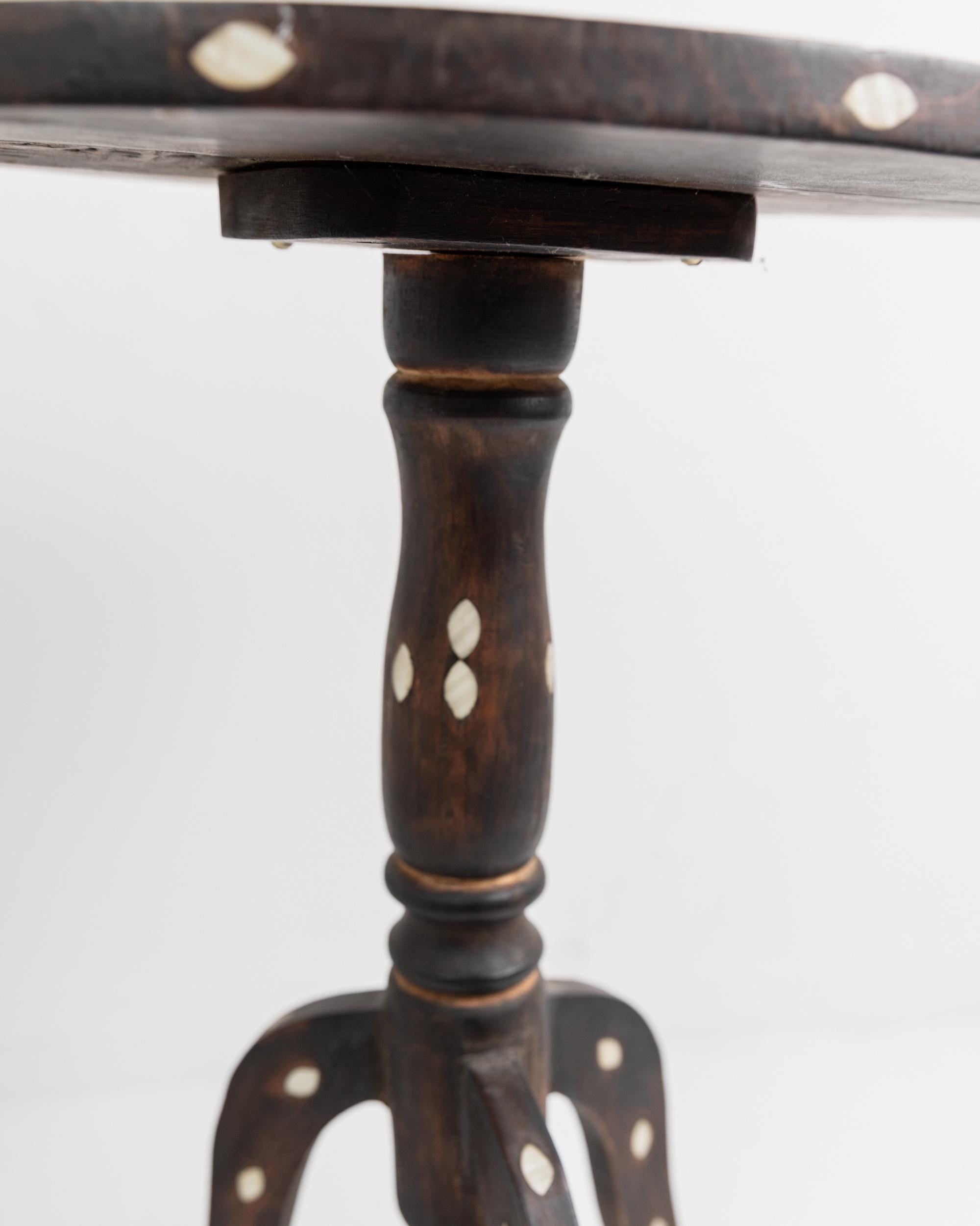 Vintage Early 19th Century Side Table, Dark Wood with Mother of Pearl Inlay, Three Legged Oval Form, Ethno Style Furniture, Gift Idea — in context