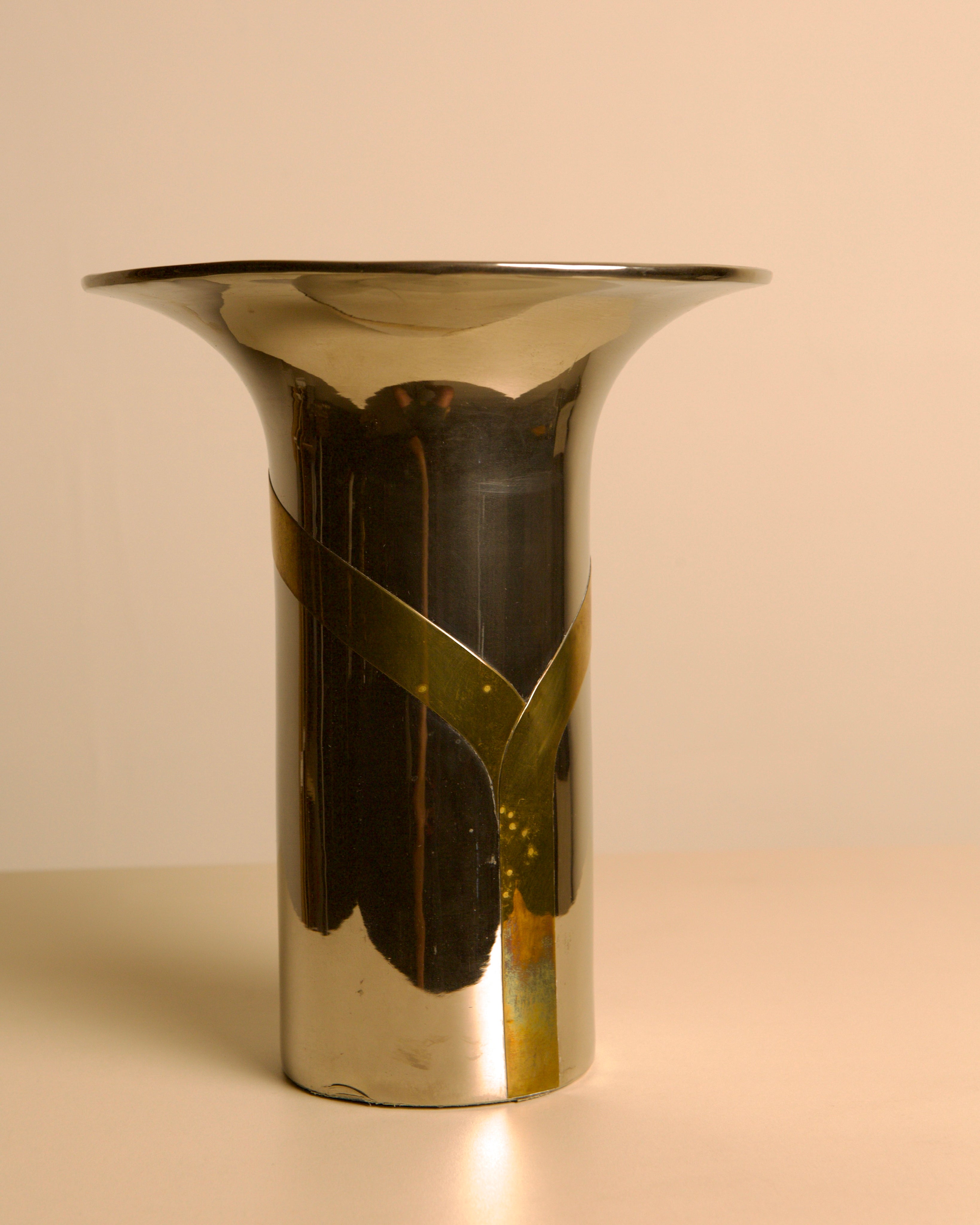 Italian Chrome and Brass Vase, 1960s — detail view