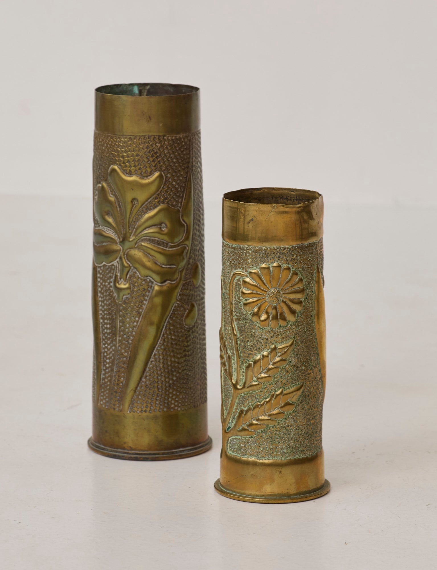 Vintage Vase in Metal Brass (hand-repoussé Daisy and Lily of the valley motifs) — additional view