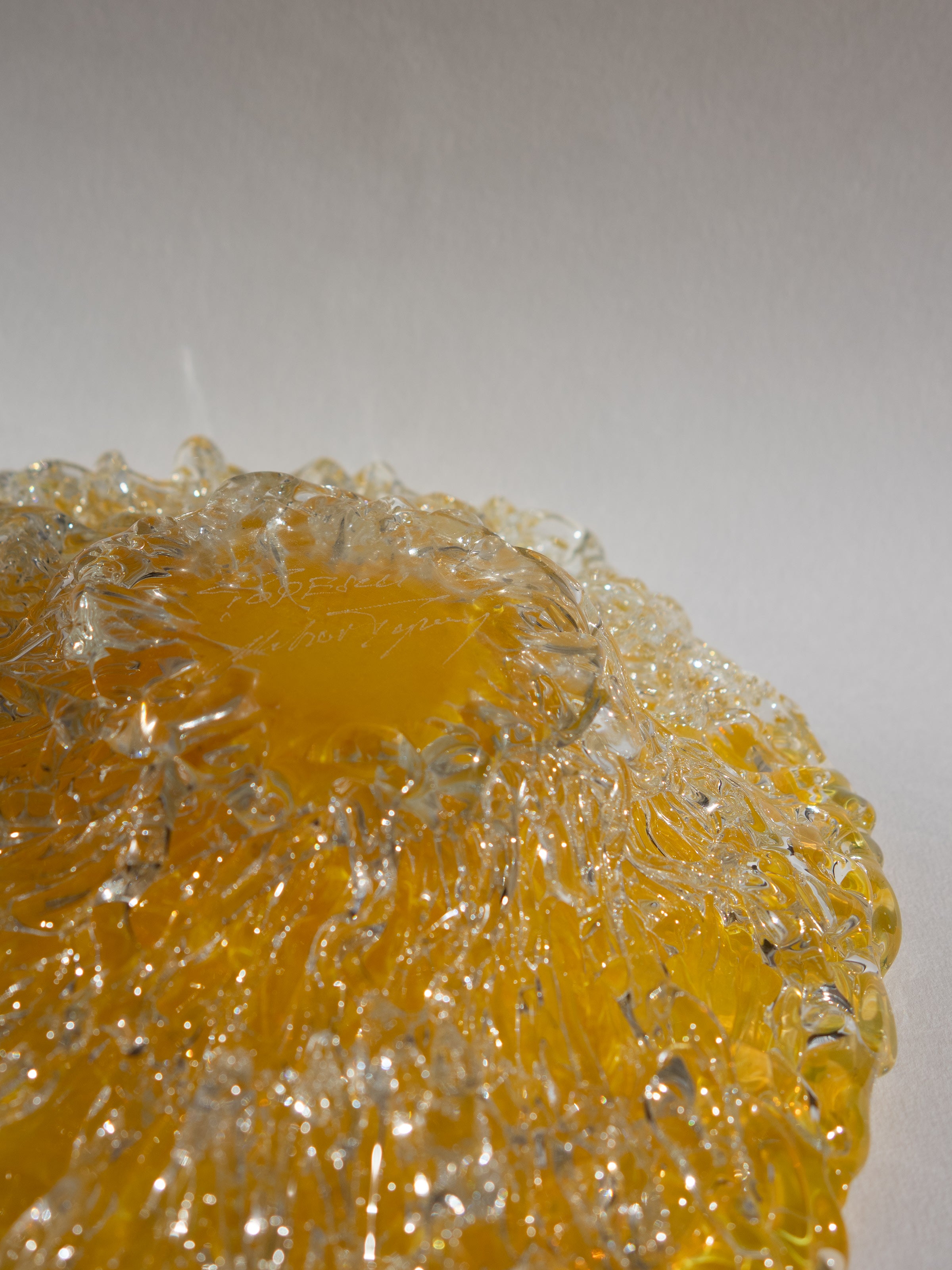 Mihai Topescu Signed Studio Art Glass 'Overlaid Lattice' Bowl in Sun Yellow — lifestyle setting